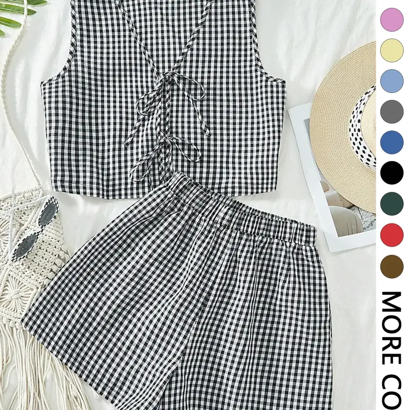 2-piece plaid striped sleeveless crop top vest and high-waisted loose shorts women's casual suit Fashion Style Sets