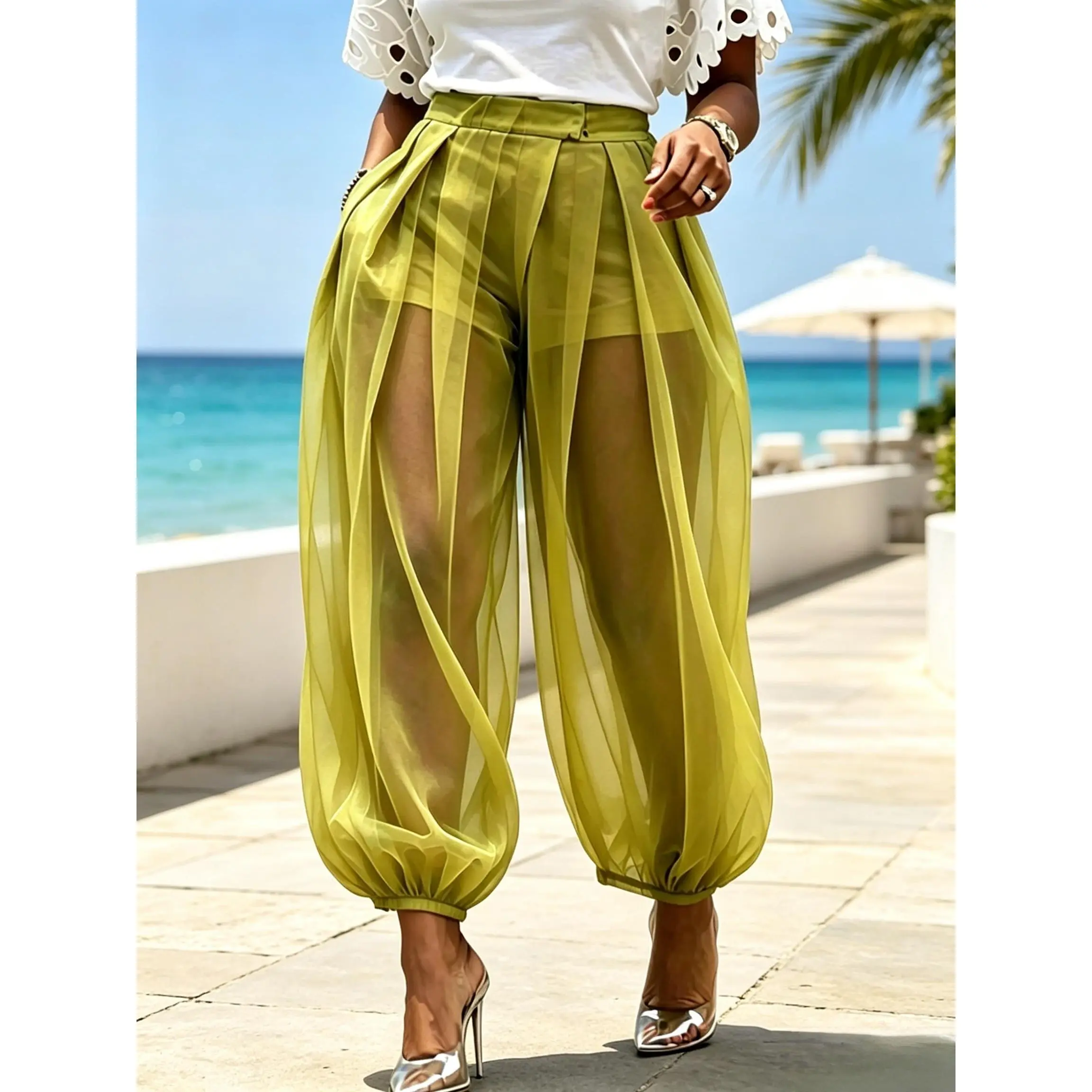 Women's Chic Avocado Green Mesh High-Waist Pleated Sheer Harem Pants - Built-in Shorts, Balloon Loose-Fit Minimalist Basic Casual Streetwear Ankle Trousers, Button, Christmas, Thanksgiving, Valentines Day, Basics, Bottoms