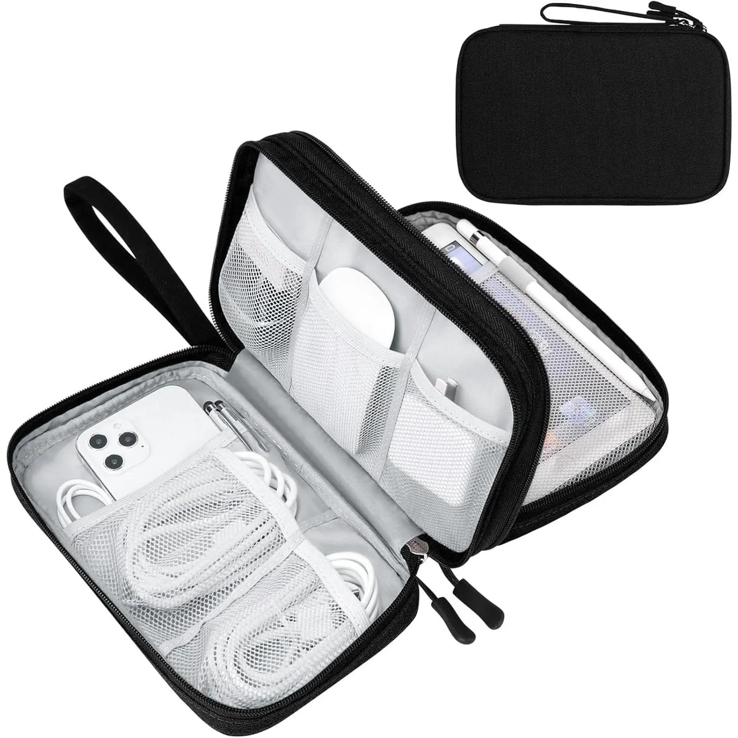 Electronic Organizer, Large Travel Cable Organizer Bag, Portable Waterproof Double Layers All-in-One Storage Bag for Cable, Cord, Charger, Phone, Black