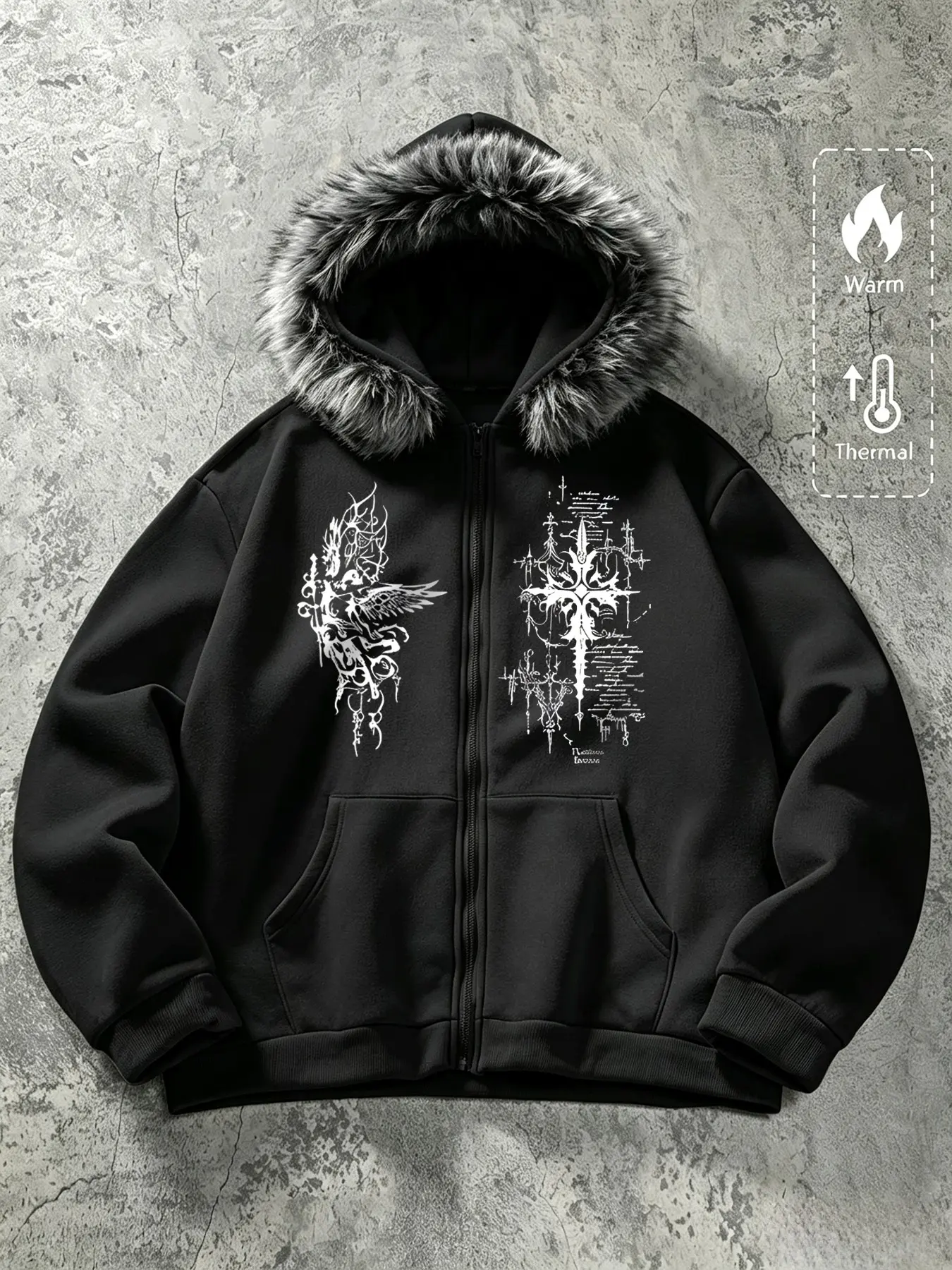 Men's Fur Collar Zipper Hooded Jacket, Gothic Style, Vintage Sword Wing Print, Thick Warm Fabric, Fall Winter Streetwear, Trendy Outerwear