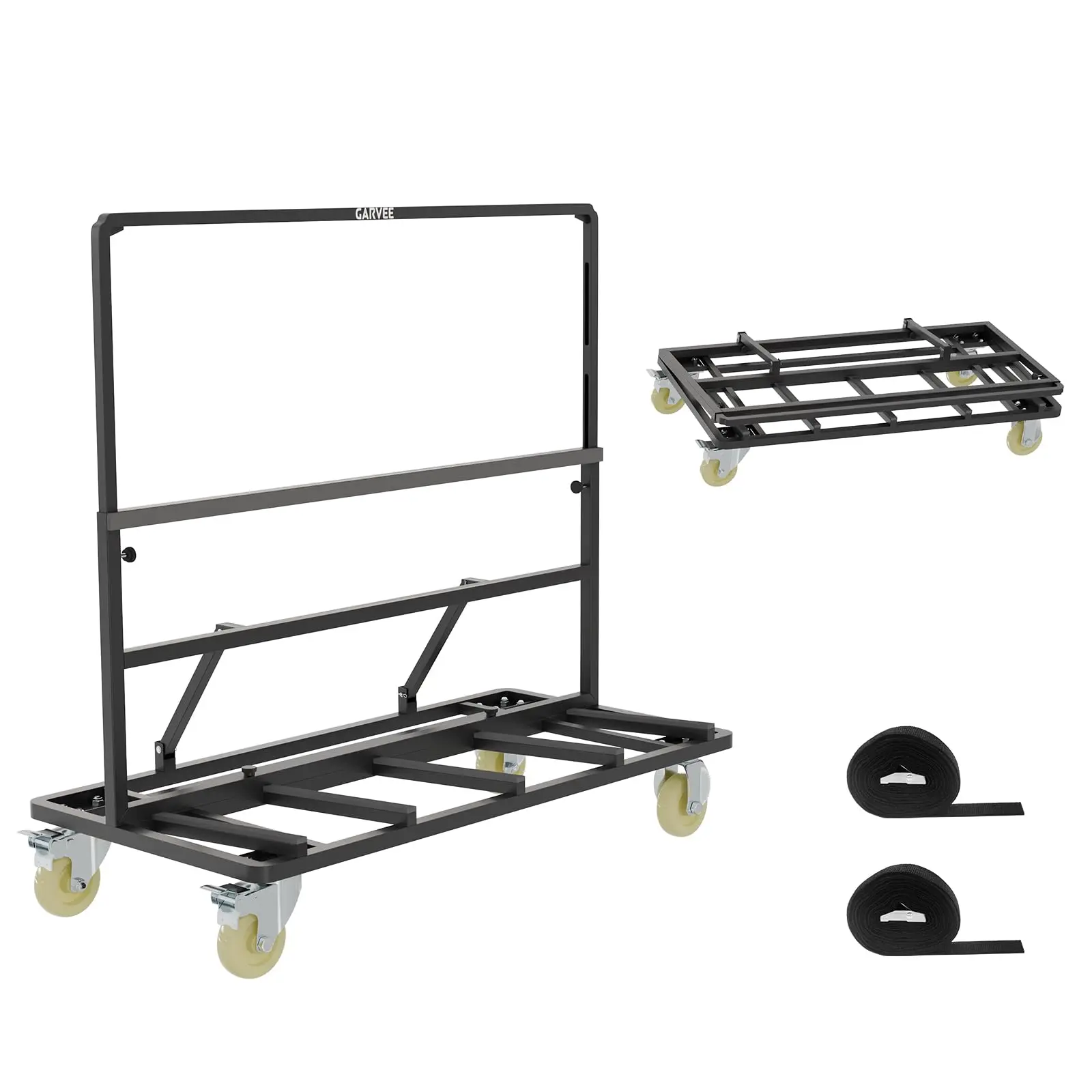 Black Metal Swivel Construction Trolley for Warehouses, 44.5x22 Inches, 2 Locking Load Securement Straps, 1800 lb Capacity, Folds Flat for Storage, Iron