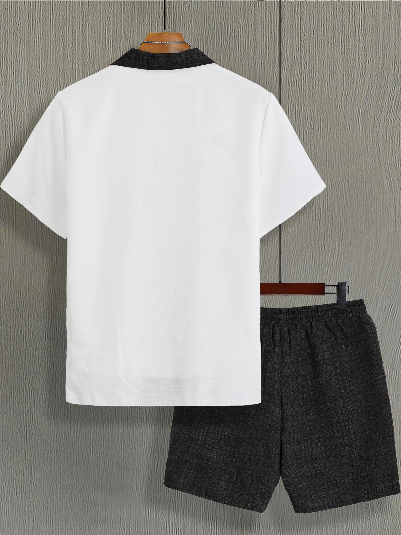 Men's Colorblock Print Short Sleeve Top & Shorts Loungewear Set, Regular Fit Casual Comfy Two-piece Pj Set, Men's Sleepwear for All Seasons, Menswear