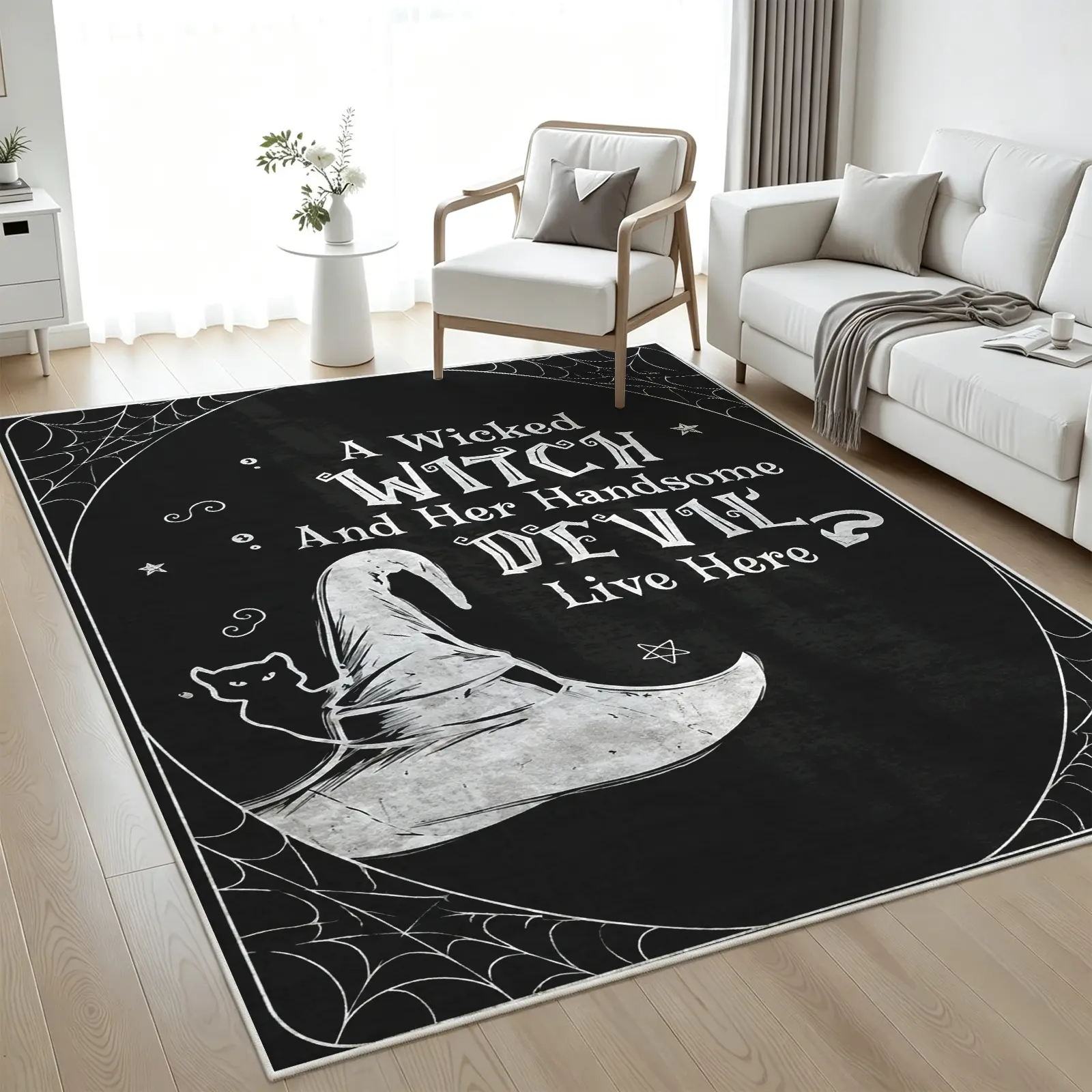 Black White Witch Hat Area Rug, Humorous Witch Cat Text Design with Spiderweb Border, Non Slip Backing Machine Washable Soft Low Pile, Living Room & Bedroom Deocr, Halloween Decor, Living Room, Office, Dining Room, Home Decor (Various Sizes)