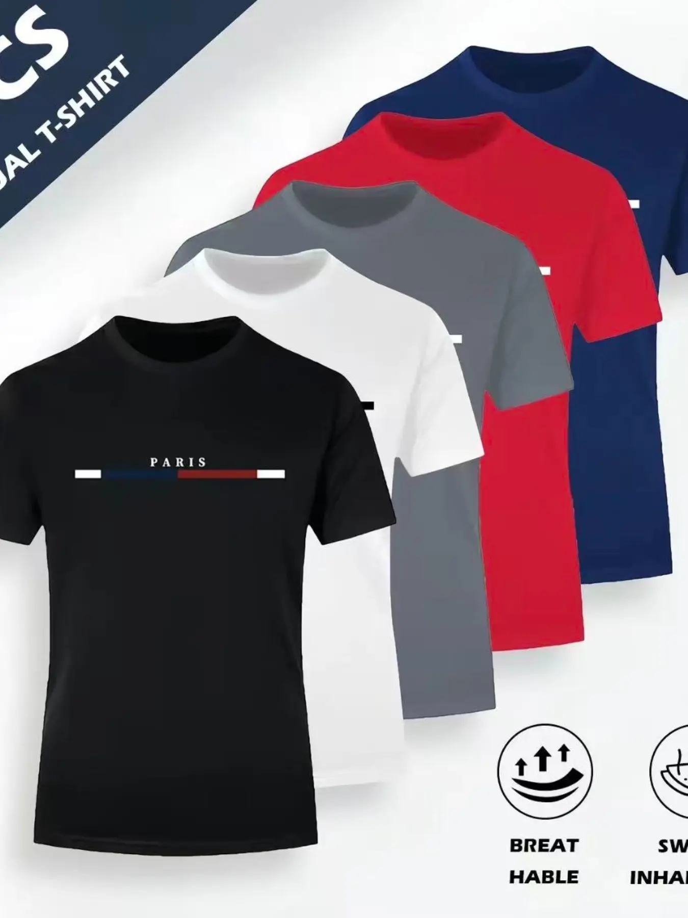 5-Pack Lightweight Men's Round Neck T-Shirts, Quick-Dry, Breathable, Sweat-Wicking, Ideal for Gym, Running, Sports Training