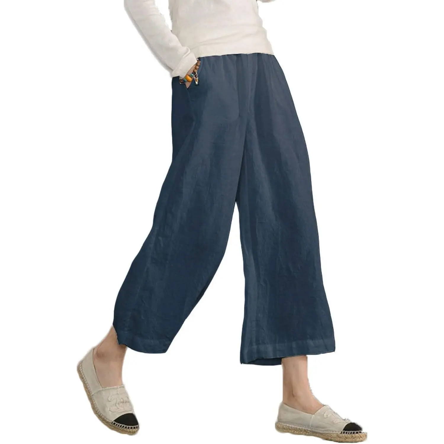 Women's Cotton Wide-Leg Capri Cut Trousers - Loose-Fit, Elastic Waist, Basic Plus Size Women's Bottom Clothes