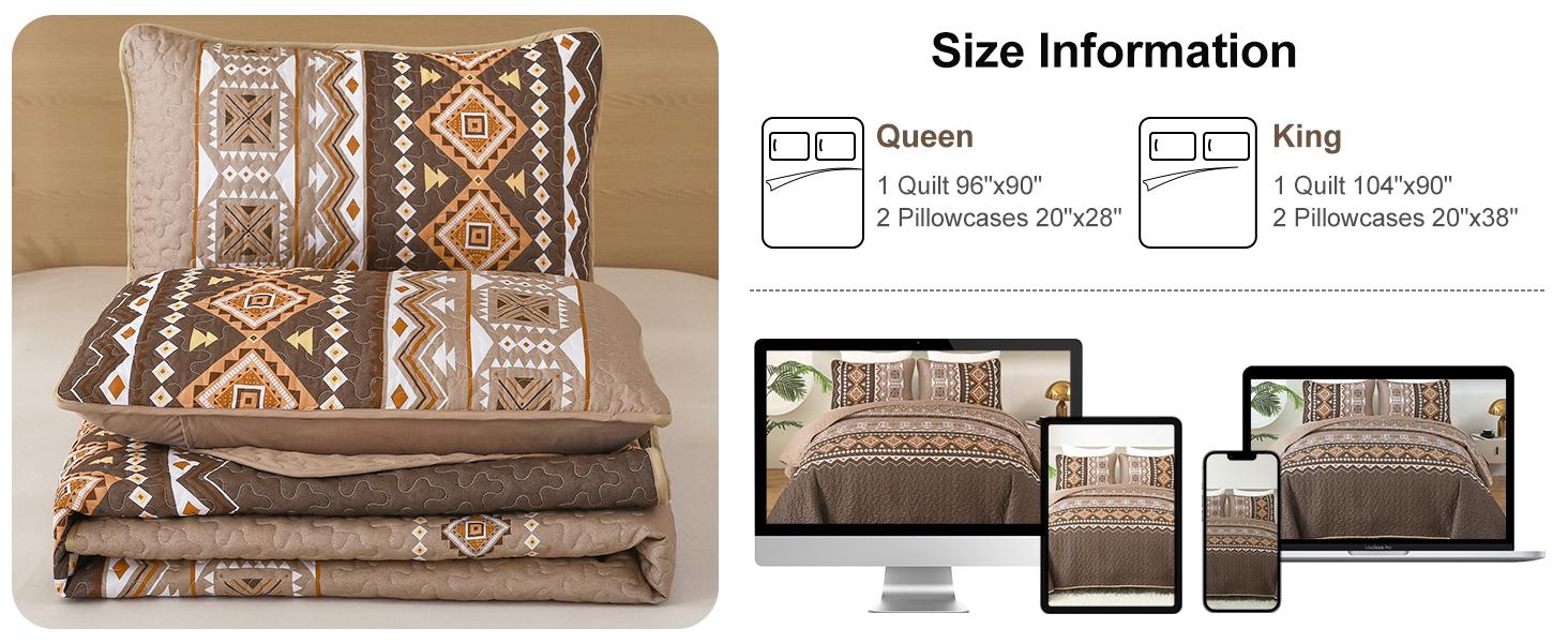 Boho Set Queen Size,3 Pieces Brown Printed Bedspread Coverlet Set,Lightweight Microfiber Bedding Set with 2 Pillowcases,96"*90"