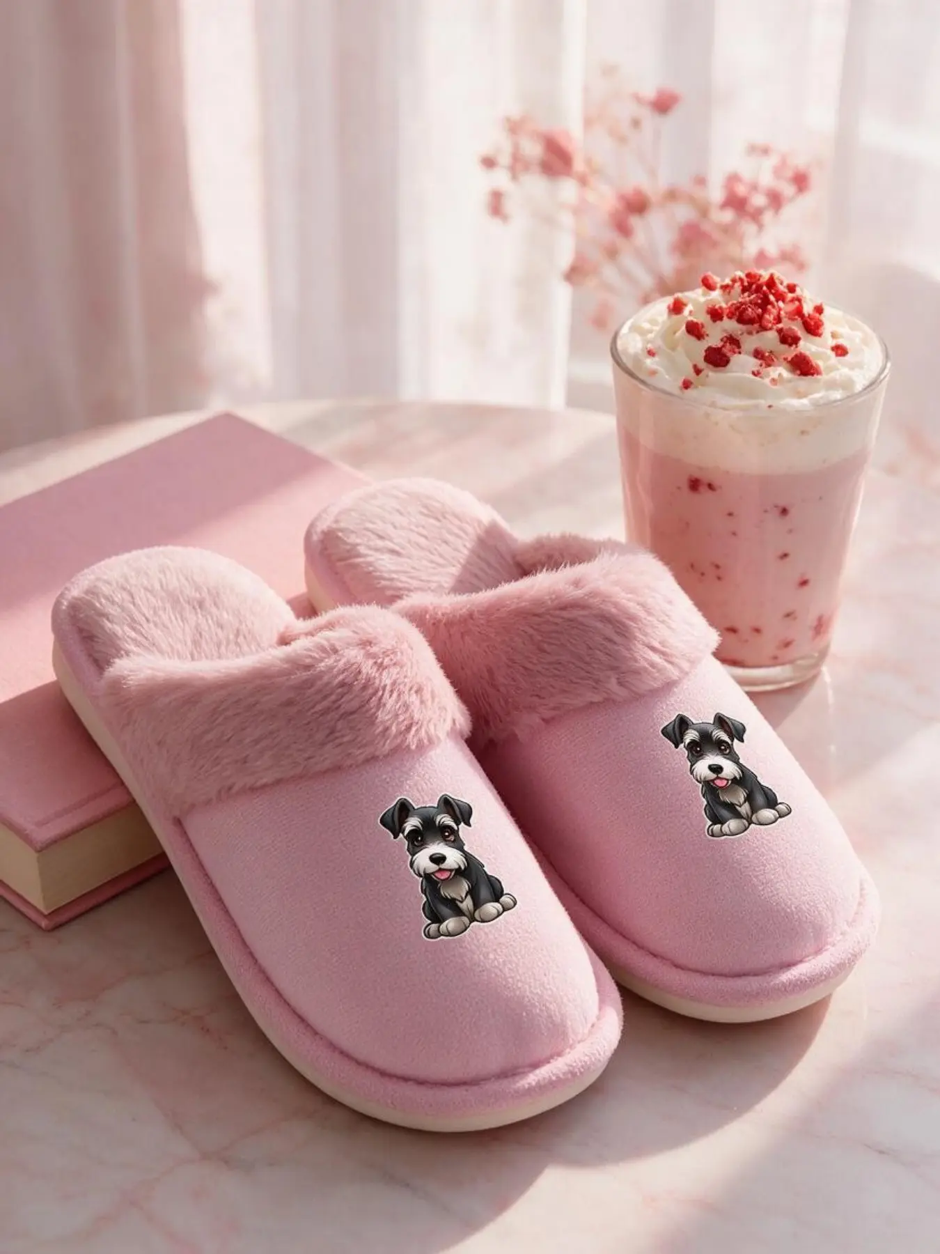 Cute Mini Schnauzer Dog Fuzzy Slippers, Warm Plush Lined Non Slip Indoor House Slides for Pet Lovers Winter Gift