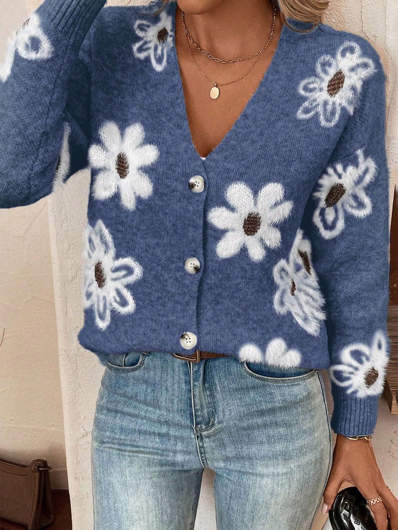Plus Size Floral Print Button Front Cardigan, Casual Drop Shoulder  V Neck Knitwear for Fall & Winter, Women's Plus Clothing for Daily Wear Womenswear