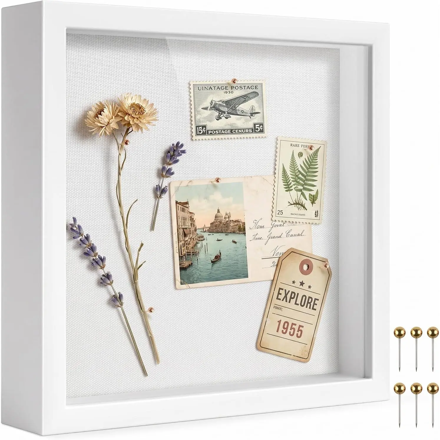 8x8 Shadow Box Frame with Linen Background & Metal Push Pins, Plexiglass Front Memory Display Box, White