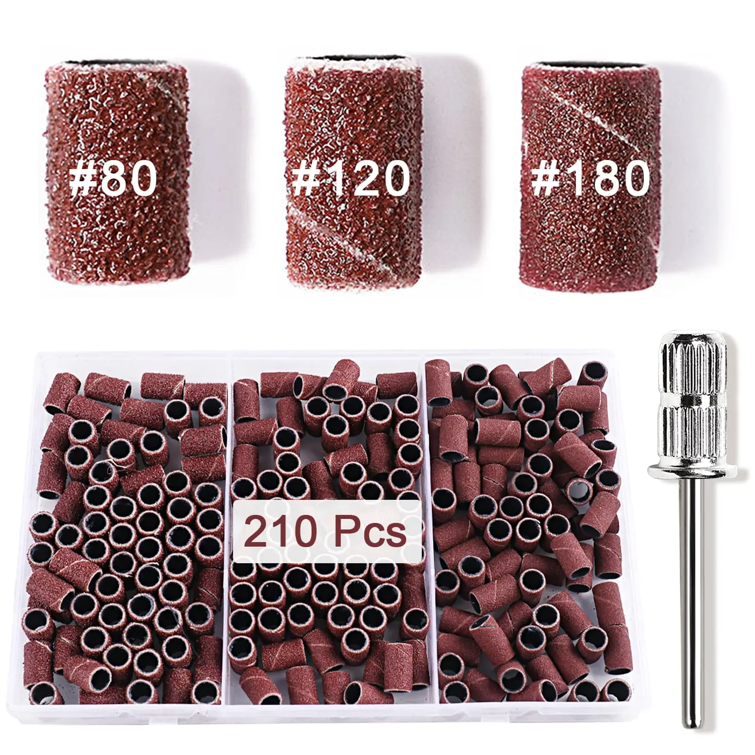 Drill Sanding Bands Set, 210 count 80/120/180 Grit Sanding Bands for  Nails with Mandrel Bit, Professional  File Sanding Bands for  Drill, Manicure & Pedicure Supplies