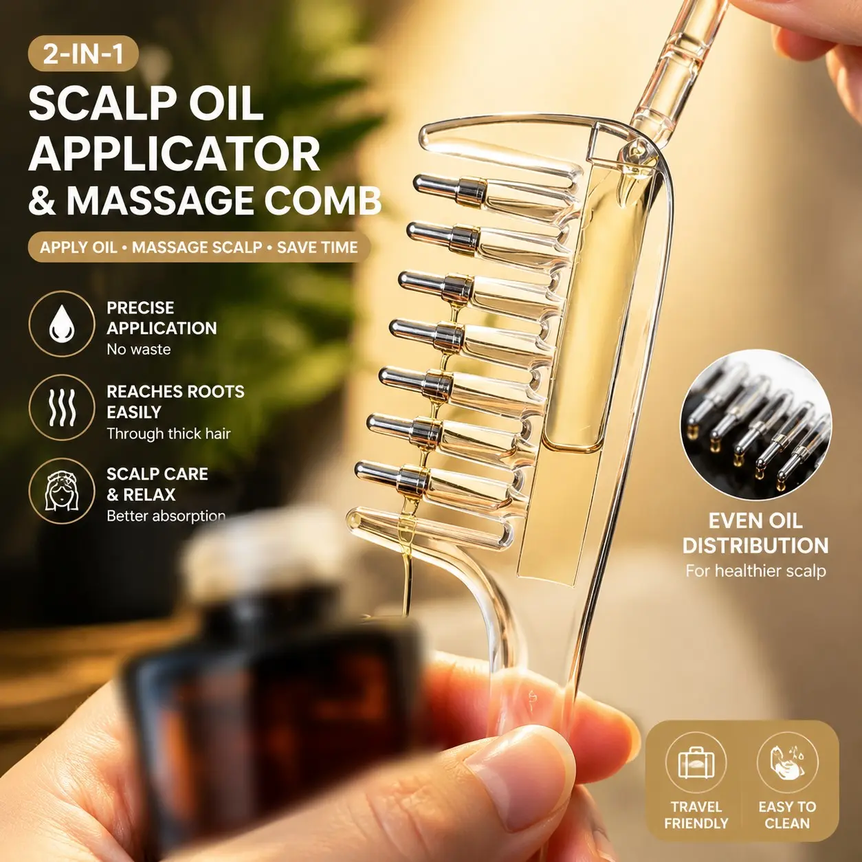 Scalp Care Applicator Brush, Hair Oil Dispenser Comb with Massage Roller, Refillable Liquid Storage Design for Rosemary Oil, Castor Oil, Hair Serum and Daily Hair Care