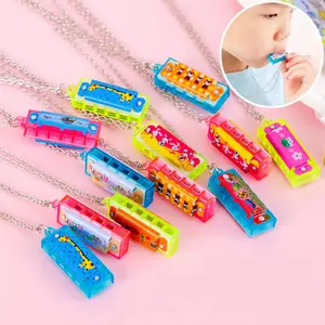 10Pcs Cartoon Mini Harmonica with Necklace Musical Toy for Kids Birthday Party Favors Pinata Fillers Boy Girl Christmas Gift
