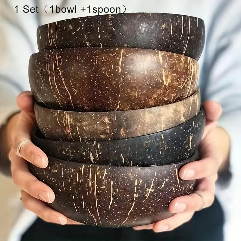 Handmade Coconut Shell Bowl Set Kitchen Bowls with Small Spoon, Ideal for Yogurt, Salad, Rice, Desserts, Eco-Friendly Dining Accessories, Tableware