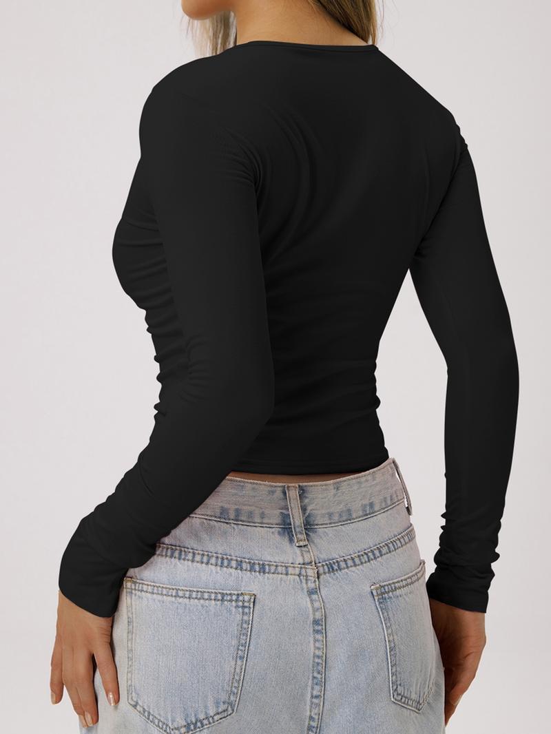 Women's Solid Ruched Long Sleeve Crop Lounge Tee, Casual Comfy Round Neck T-shirt for Daily Wear, Ladies Sleepwear for Spring & Fall, Pyjamas for Women