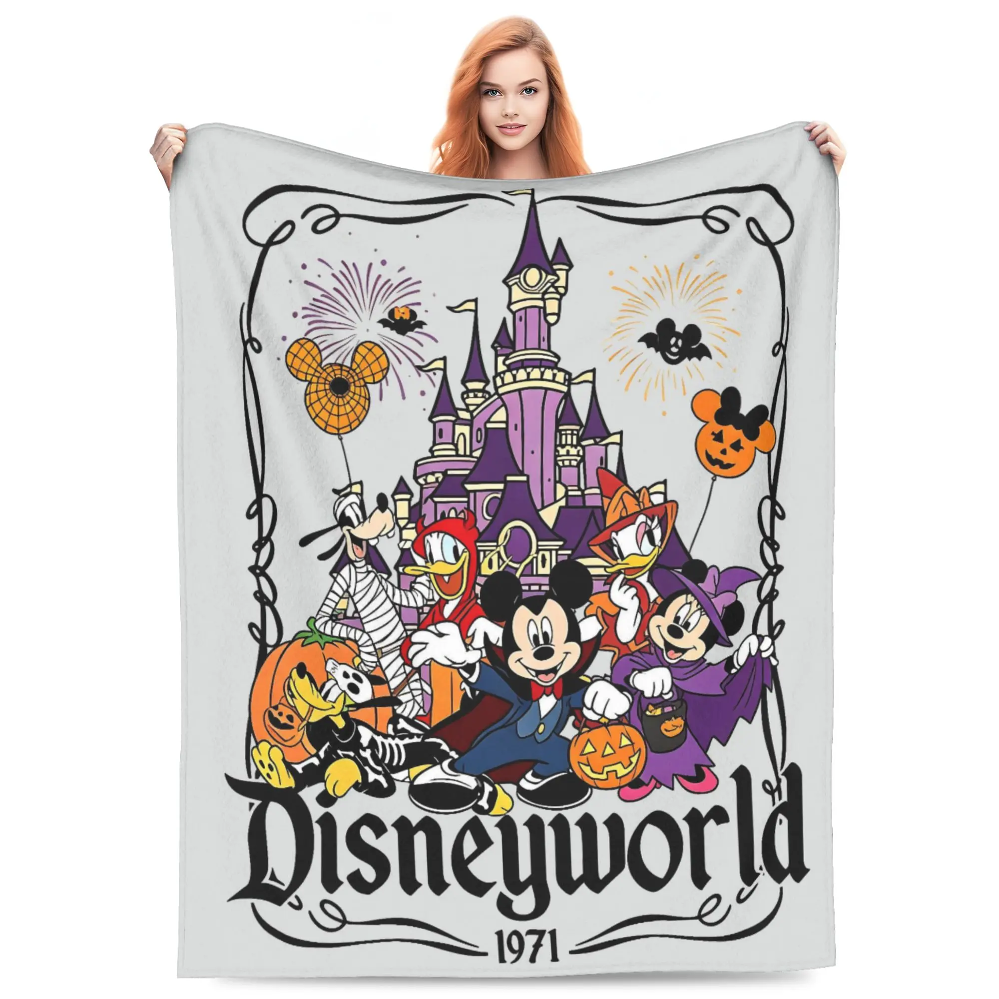 DISNEY CLASSIC Halloween Flannel Throw Blanket, Mickey Minnie Donald Castle Pumpkin Bat Cartoon Print Blanket, Soft Lightweight Blanket for Sofa Bedroom Halloween Home Decor