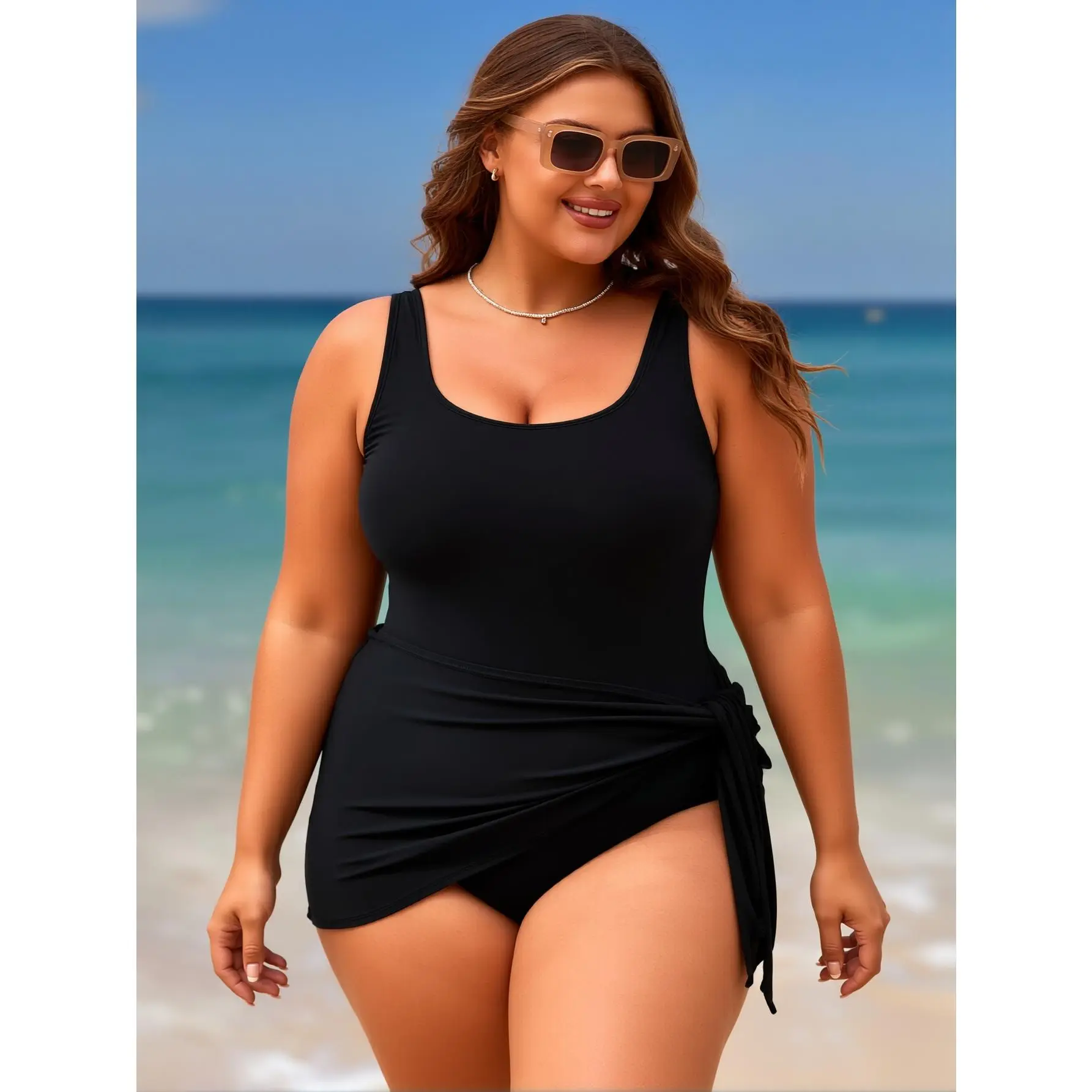 Women's Plus Size 1-Piece Swimdress - High Waist, Modest, Tummy Control, Full Coverage, Comfortable Plain Multicolor Swim Dress for Swimming, Beach