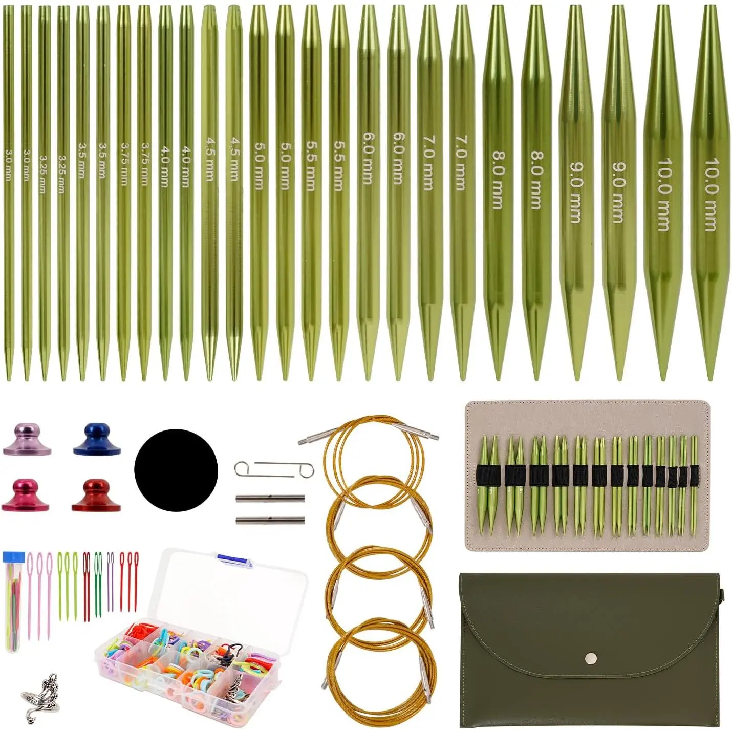 The interchangeable circular knitting needle set includes 13 pairs of high-quality aluminum needles and a knitting tool box, suitable for knitting projects