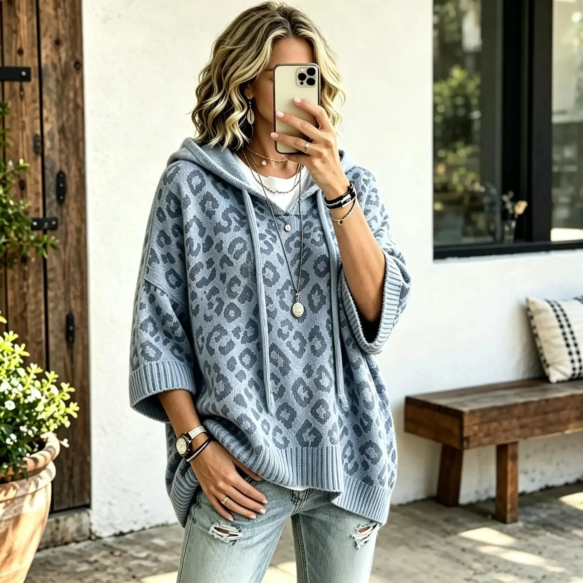 Women's Oversized Leopard Print Hooded Knit Top, 3/4 Sleeve Drawstring Pullover Hoodie, Retro Streetwear Fall & Winter Top