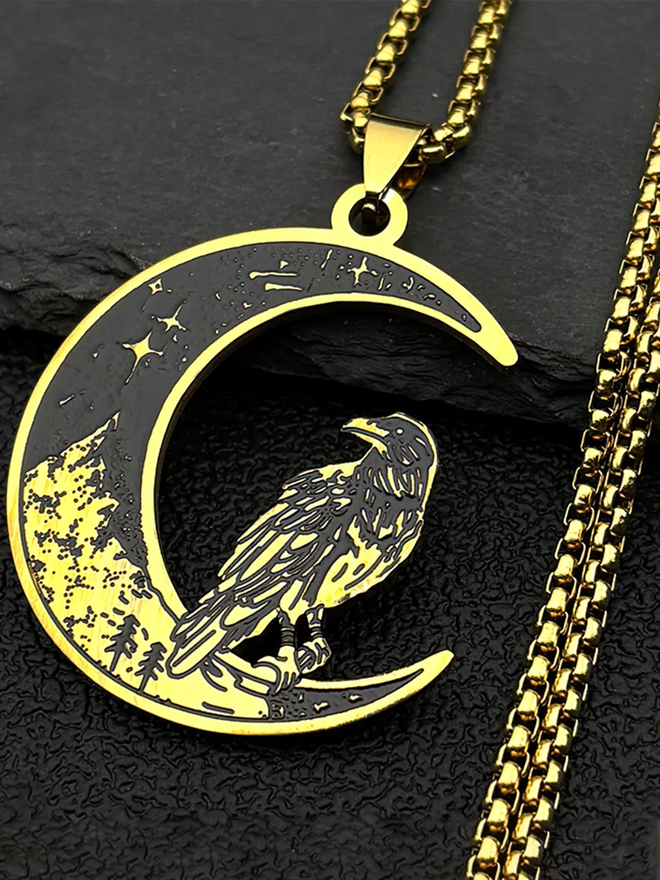 Norse Style Enamel Raven Crescent Moon Pendant Necklace for Women Men Stainless Steel Gold Color Animal Crow Chain Gift