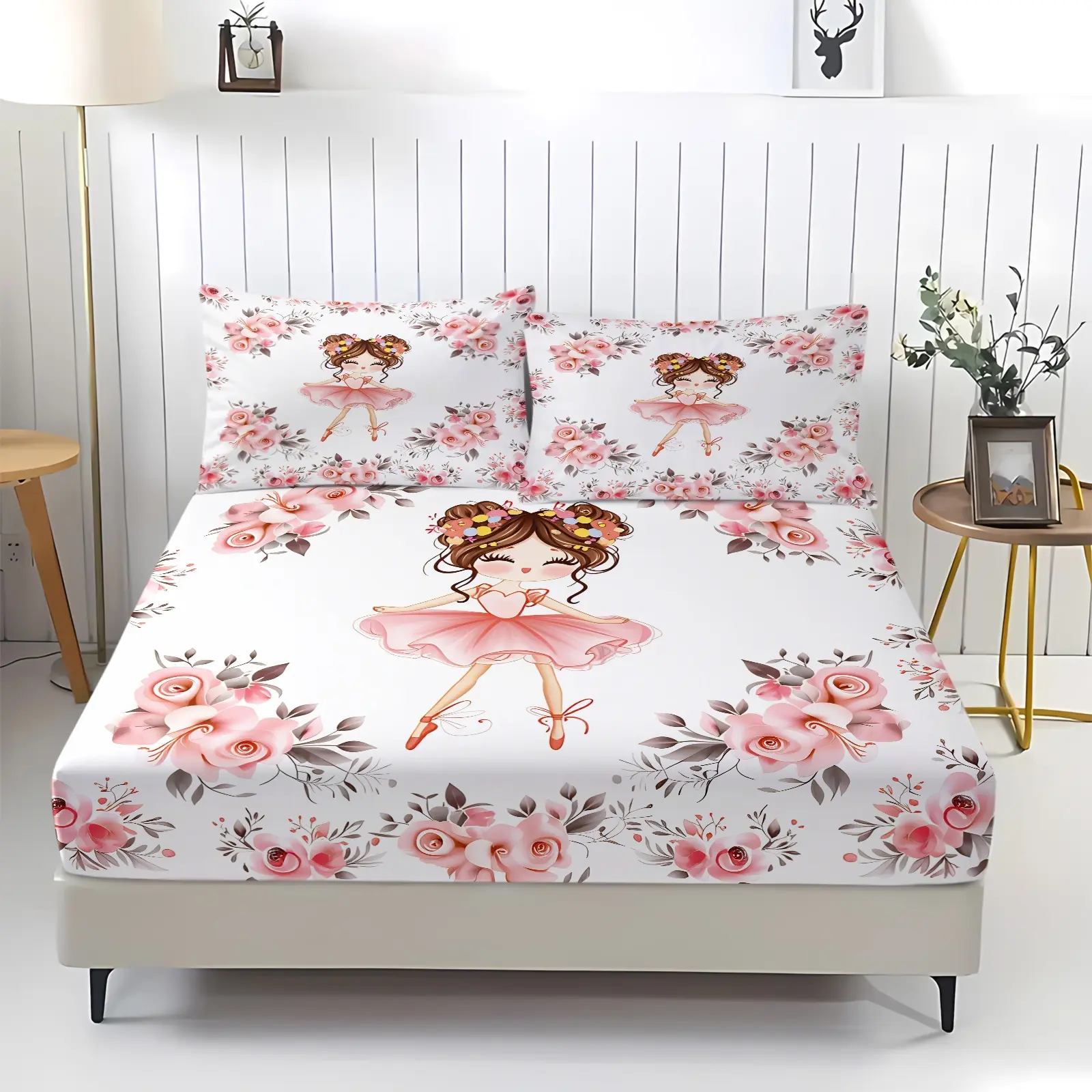 Cartoon Pink Rose Ballerina Flower Print Fitted Sheet Set 3 Piece, 1 Fitted Sheet & 2 Pillowcase, Deep Elastic Pocket Non-Slip All Season Bedding, Machine Washable Anti-Pilling Textile, Calm Sweet Decor For Teen Girls Bedroom