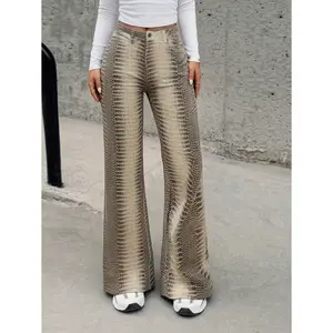 Y2K Streetwear Crocodile Print High Waist Flare Pants, Slim Fit & Bold