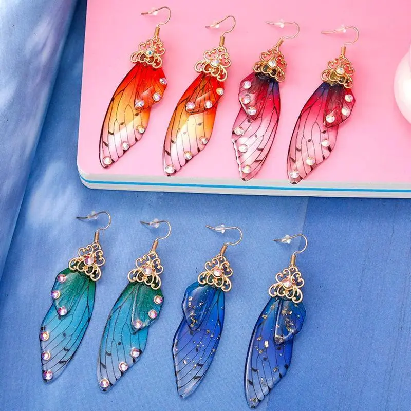 Handmade Simulation Cicada Wing Earring Long Butterfly Wings  Foil Rhinestone Drop Earrings Romantic Female Jewelry Gifts