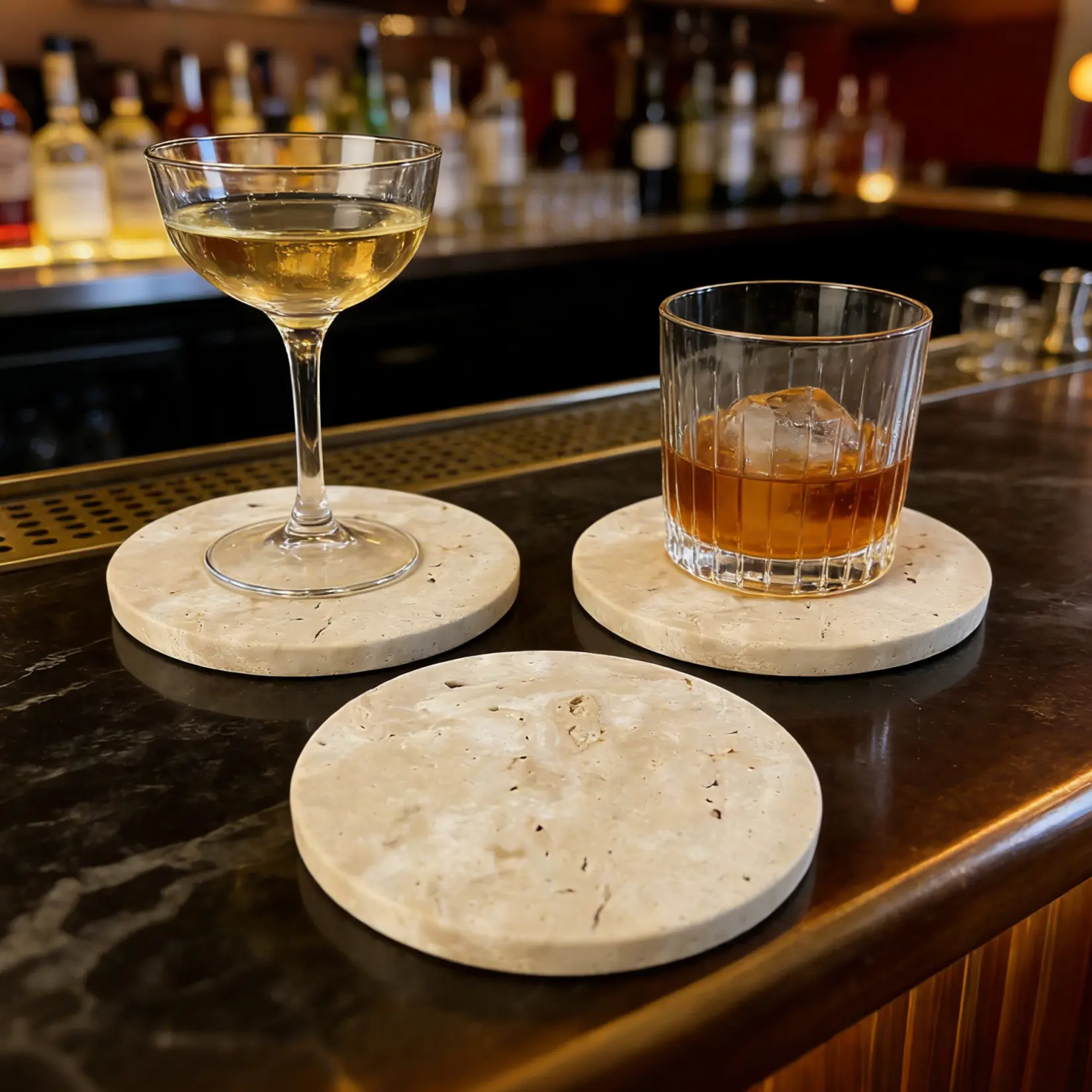 Natural Travertine Coasters Set of 4 – 4 Inch Round Absorbent Stone Drink Coasters – Non-Slip Cork Backing – Mark & Scuff Resistant – Table Protector for Home, Bar, Kitchen – Ideal