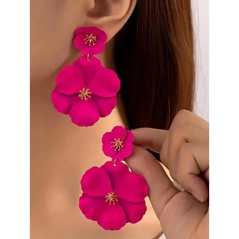 Women's Fashion Female Simulation Flower Drop Earrings - 1-Pair, 4.2 cm Width, 6.7 cm Height, Thick Studs, Long-Lasting Wear, Casual Costume Jewelry for Dates, Party Gifts, Flower Cluster Earrings, Colorful Flower Pendant Earrings