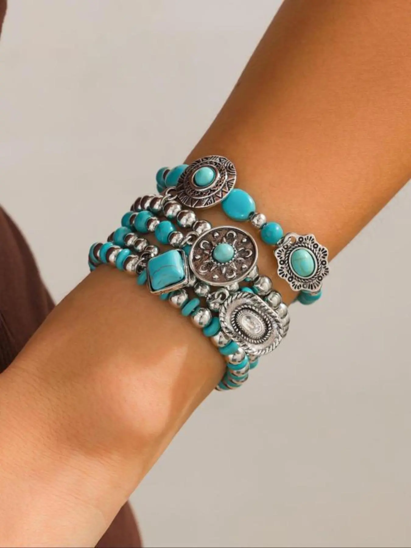 5-Piece Vintage Silver Color Turquoise Bracelet Set, Ethnic Western Style, Elastic Stackable, All Seasons, Gift Idea, Backtoschool, Collegestyle, Ootd  #BackToSchool #CollegeStyle #OOTD