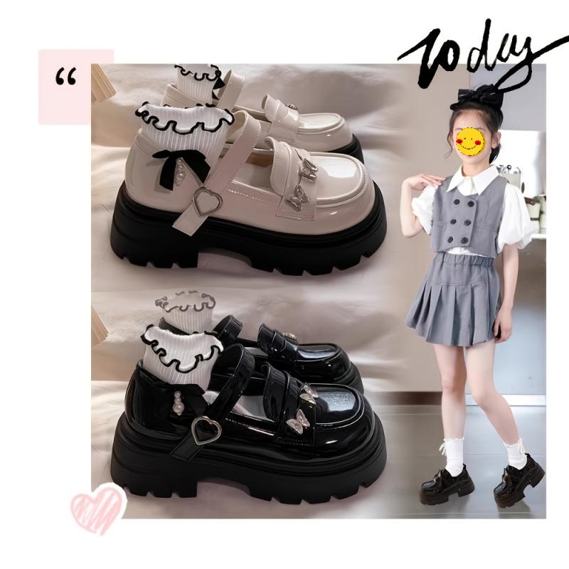 Girls' Mary Jane Shoes with Butterfly Decoration, Patent Leather Thick Sole with Velcro, Casual Lolita Style, Girls' Daily Shoes