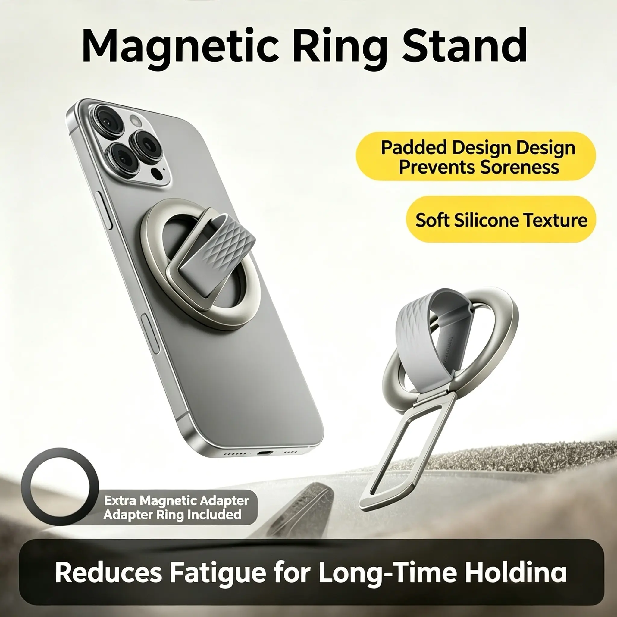 Magnetic Ring Stand, Modern Zinc Alloy Foldable Holder, Silicone Band, Screen Support, Anti-Slip, for Phones & Tablets, Gift Box Included