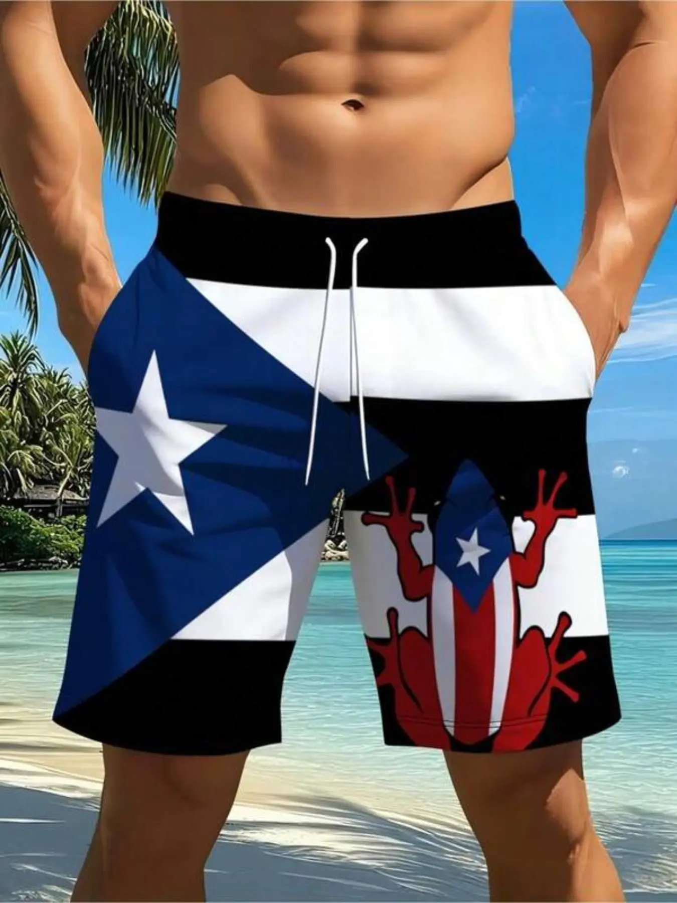 Puerto Rico Flag Frog Full Print Drawstring Five-Quarter Beach Shorts, Casual Surfing Pants, Boys' Belted Pockets, Trendy Travel Gear, Drawstring Swim Shorts, Swimming Shorts