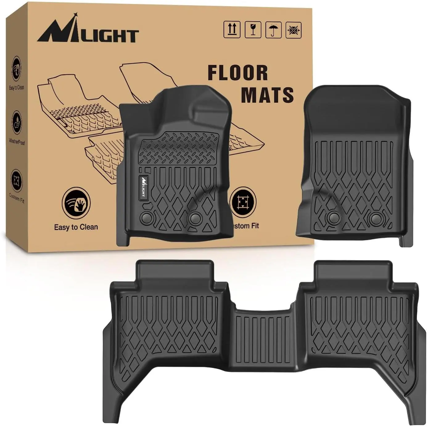 Nilight TPE Car Floor Mats - Custom Fit, Vehicle-Specific Heavy-Duty All-Weather Liners with Raised Lip, Channels, Clips, Easy Cleaning, Upholstery Protection for Ford Ranger SuperCrew Cab 2019-2024