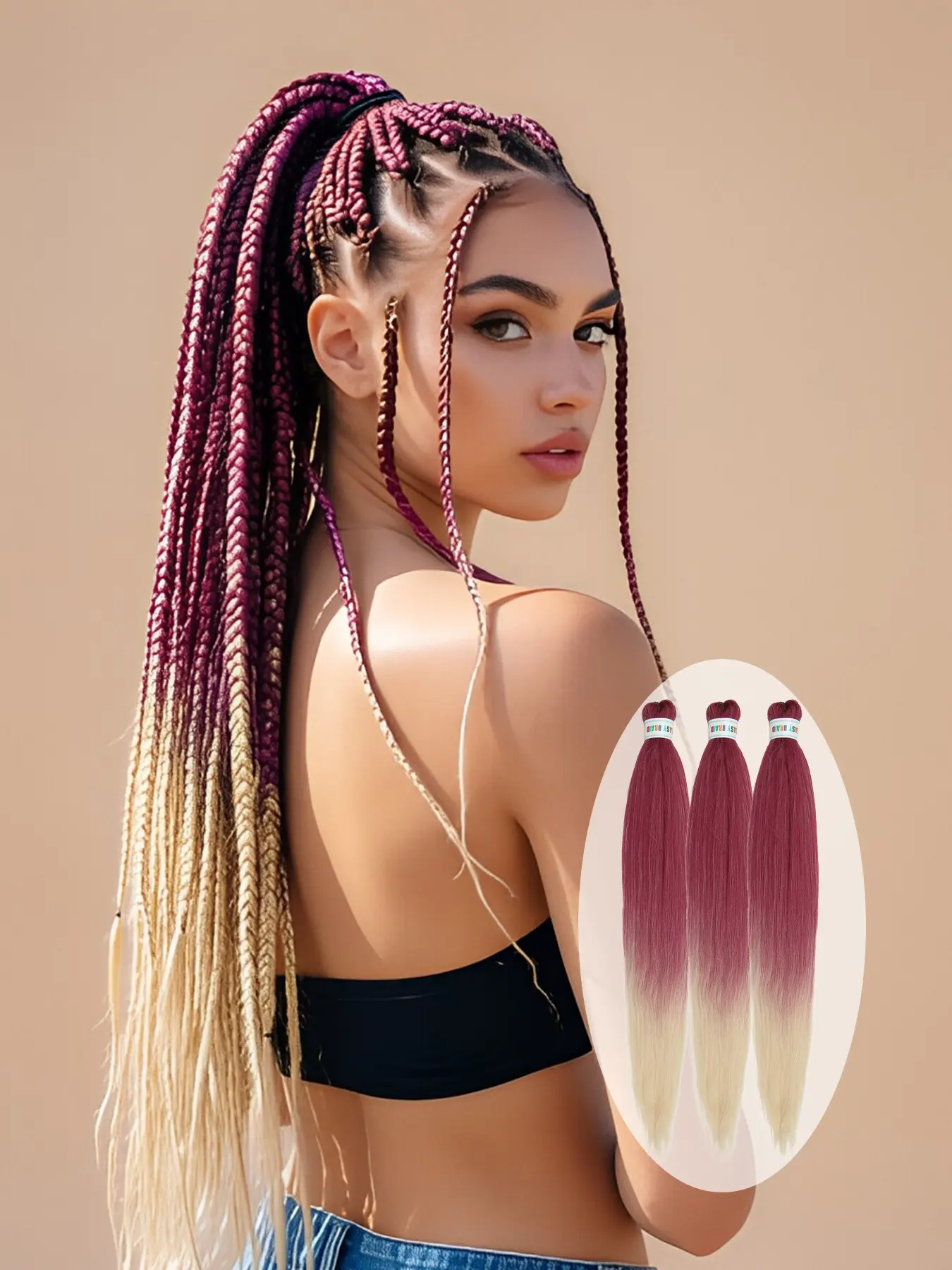Set of 3 Braiding Hair Extensions (24-inch): Raspberry Red to Platinum Blonde. Made from high-temperature synthetic fiber that is soft, durable, and resistant to frizz and tangling; suitable for daily wear or music festival styling.