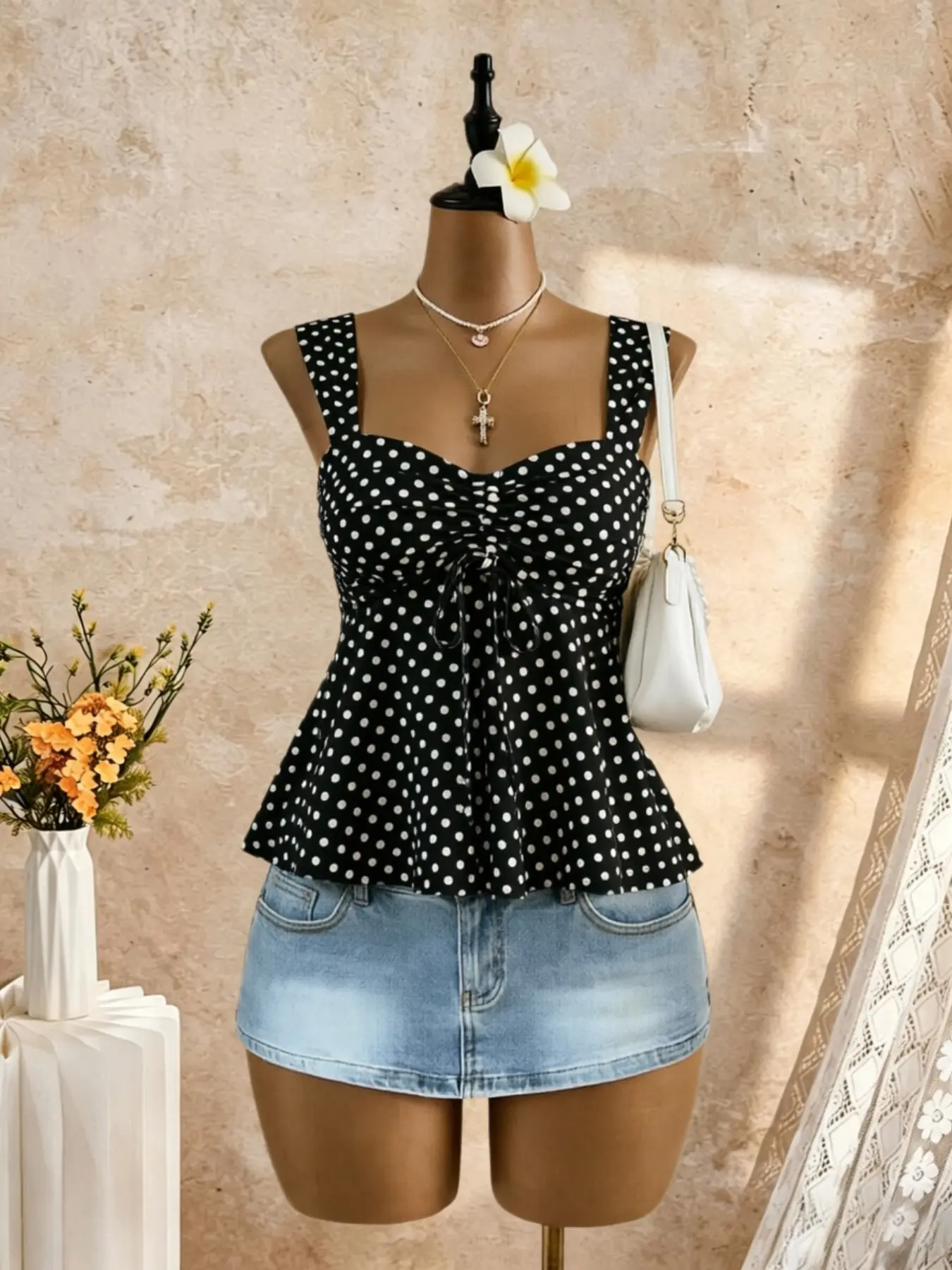 Women's Ruched Drawstring Halter Top, Sweet Heart Shape Wide Straps, Flowy Ruffle Short Sleeve, Vintage Summer Y2K Casual Beachwear Feminine