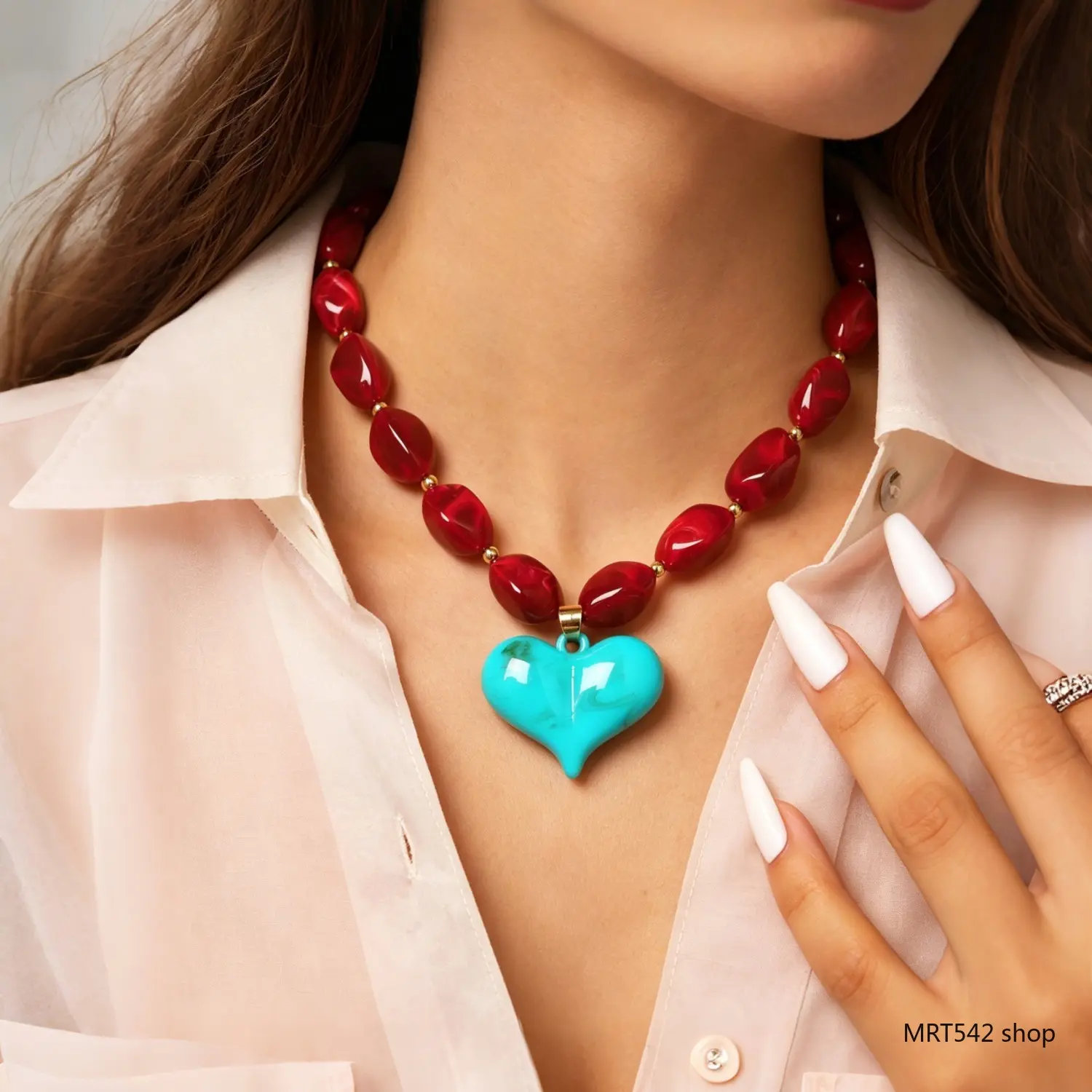 Fashion Big Resin Heart Pendant Necklace Trendy Acrylic Chunky Beaded Chain Y2K Aesthetic Jewelry Set Statement Layering Summer Beach Wear Women Fashion Accessories Costume Jewelry Necklace
