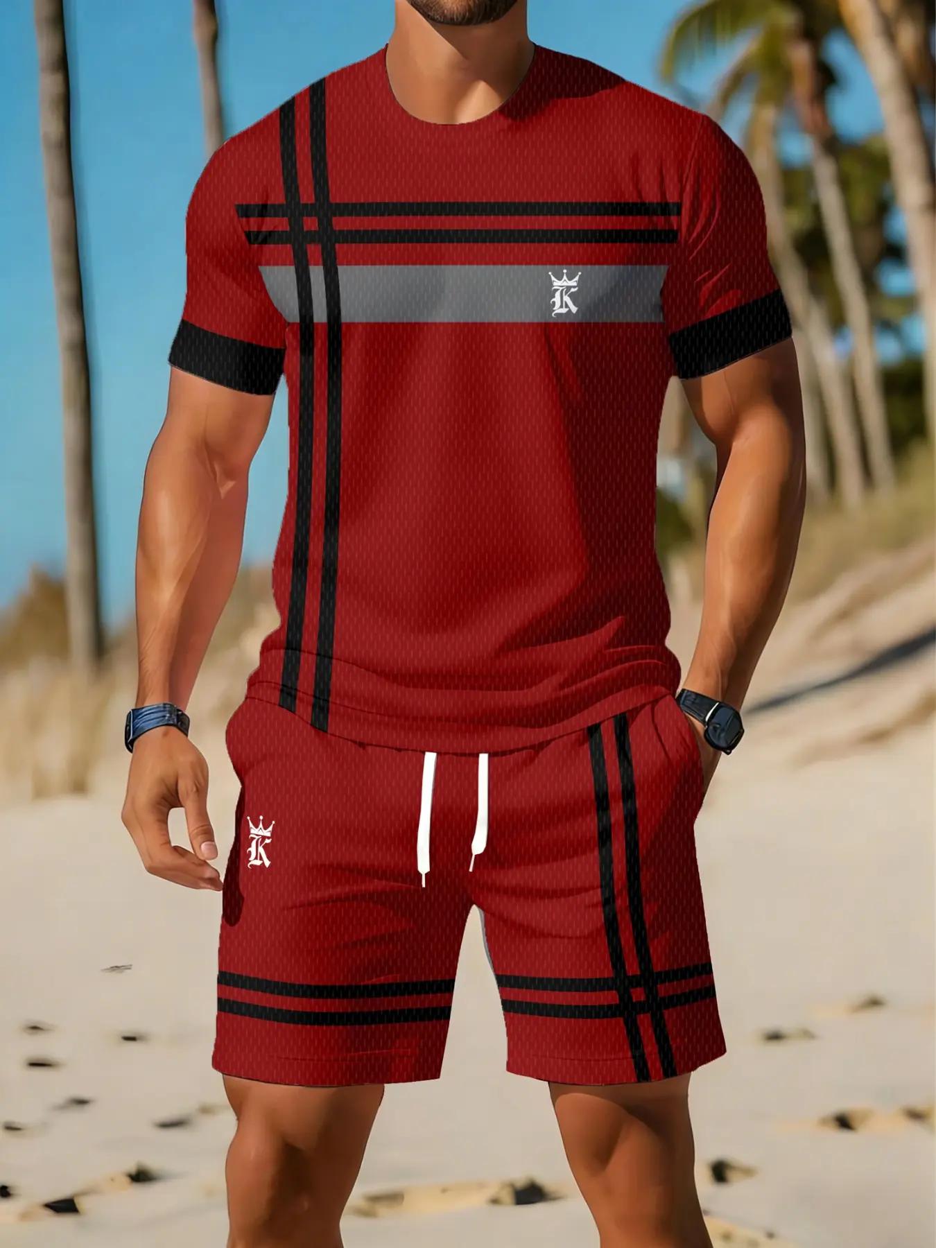 Men's Casual Sports Set, Breathable Outdoor Round Neck T-Shirt and Shorts, Summer Digital Print, Geometric Pattern, Adjustable Strap, Workout Shorts Set