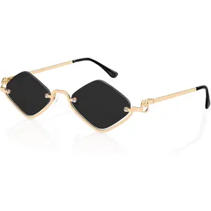 Retro Y2k Sunglasses for Women Men,Trendy Semi-Rimless Sun Glasses Irregular Narrow Gold Sunnies UV400 outdoor use trim black frame