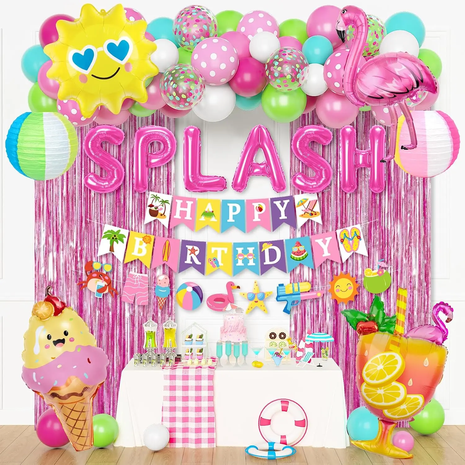 Pool Beach Party Decorations - Splash Birthday Bash Supplies Tropical Summer Banner Beach Ball Lantern Fringe Curtain Foil Balloons Arch for Girls Swimming Luau Hawaiian Party (Pink)