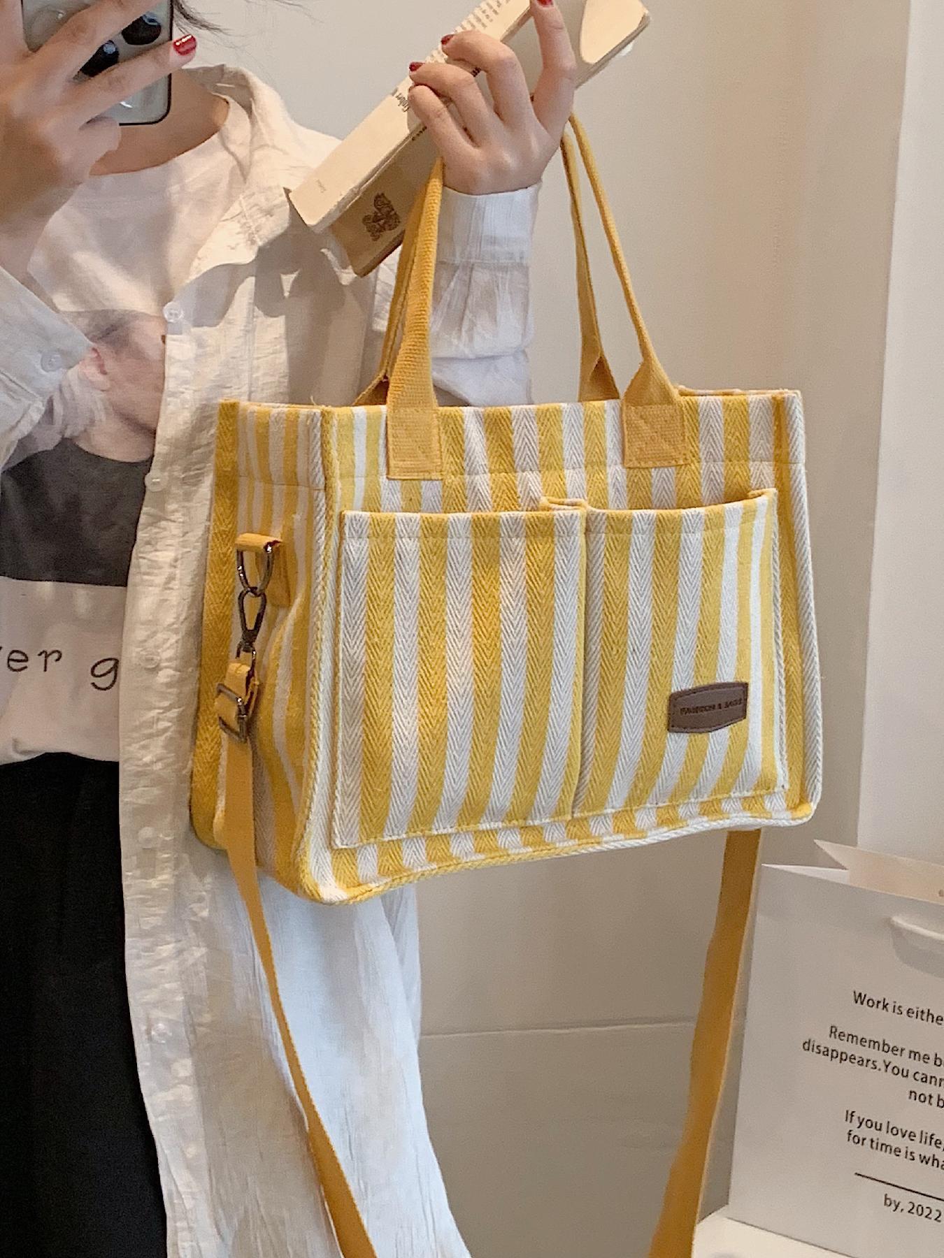 Women's Stripe Tote Bag, Large Capacity Shoulder Bag for Daily Used, Casual Trendy Versatile High-quality Daily Commuting Bag, Girl Fashionable Shopping Bag