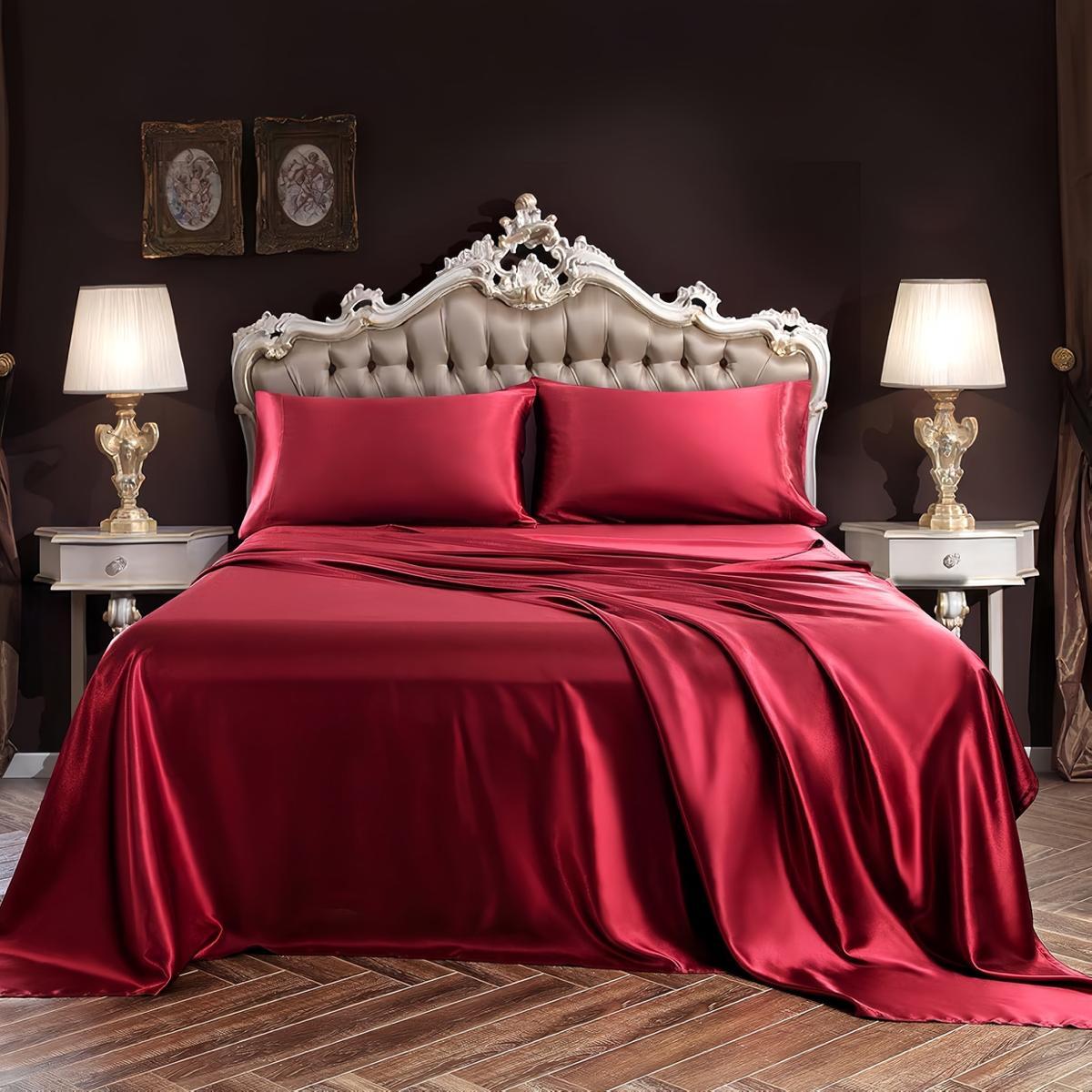 Solid Color Satin Bedding Set, 3/4 Counts Includes 1 Flat Sheet, 1 Fitted Sheet, and 1/2 Pillowcase without Filler, Soft Mattress Protector, Room Accessories, Satin Bed Sheets