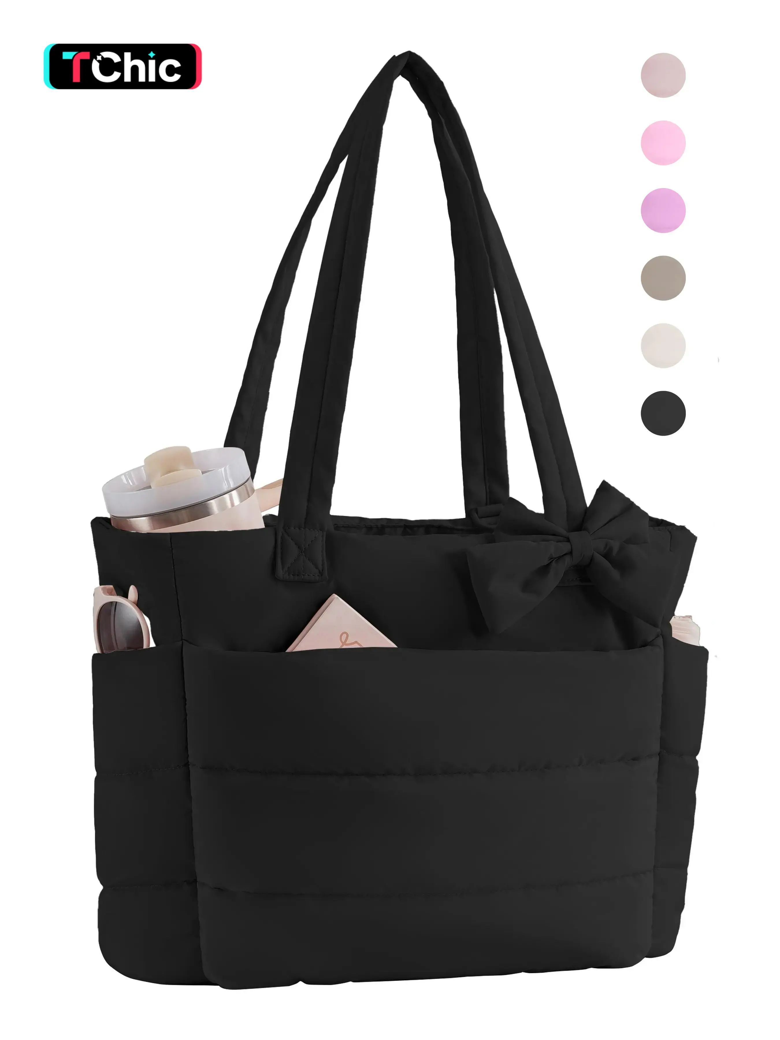 Tote Bag for Women, Quilted Bow Tote Bag, Lightweight Puffy Tote Bag with Compartments Shoulder Bag Handbag for Travel, Work, Gym | Lightweight, Puffy, Quilted, for Travel, Work, Valentine's Day, Christmas and Thanksgiving Day gifts, Quilted Tote Bags