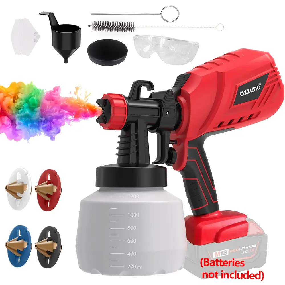 AZZUNO Handheld 1000W Power DC Cordless HVLP Paint Spray Gun - 4 Copper Nozzles, 1200ml Large-Capacity Container, Full Kit for Wall, Fence Painting (DIY Users, Batteries Not Included)