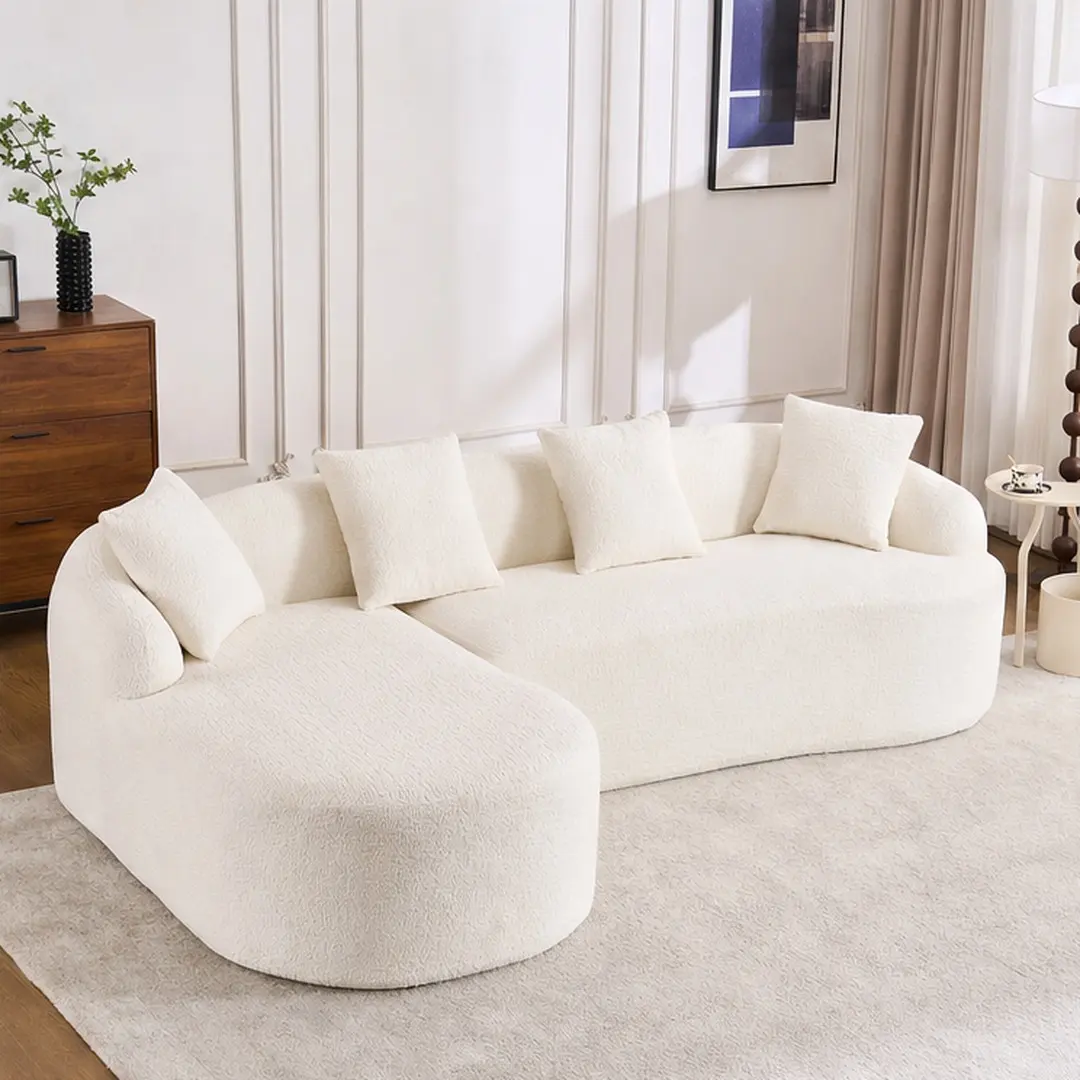 ARCH Boneless L-Shape Sectional Sofa with Curved Chaise, White Chenille Modular Couch, 30D High-Density Foam-Spring, 3-Seat Compression Piece for Living Room, Apartment, Includes 4 Pillows, Boneless Couch, Sectional Couch