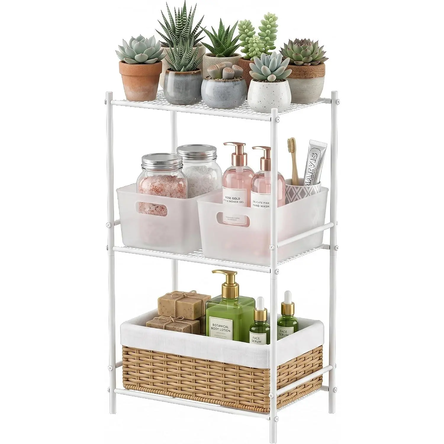 3 Tier Small Shelf for Small Spaces, Narrow Bathroom Shelving Unit, Metal Storage Shelf Organizer for Bathroom, Closet, Laundry Room, Dorm, Office, White