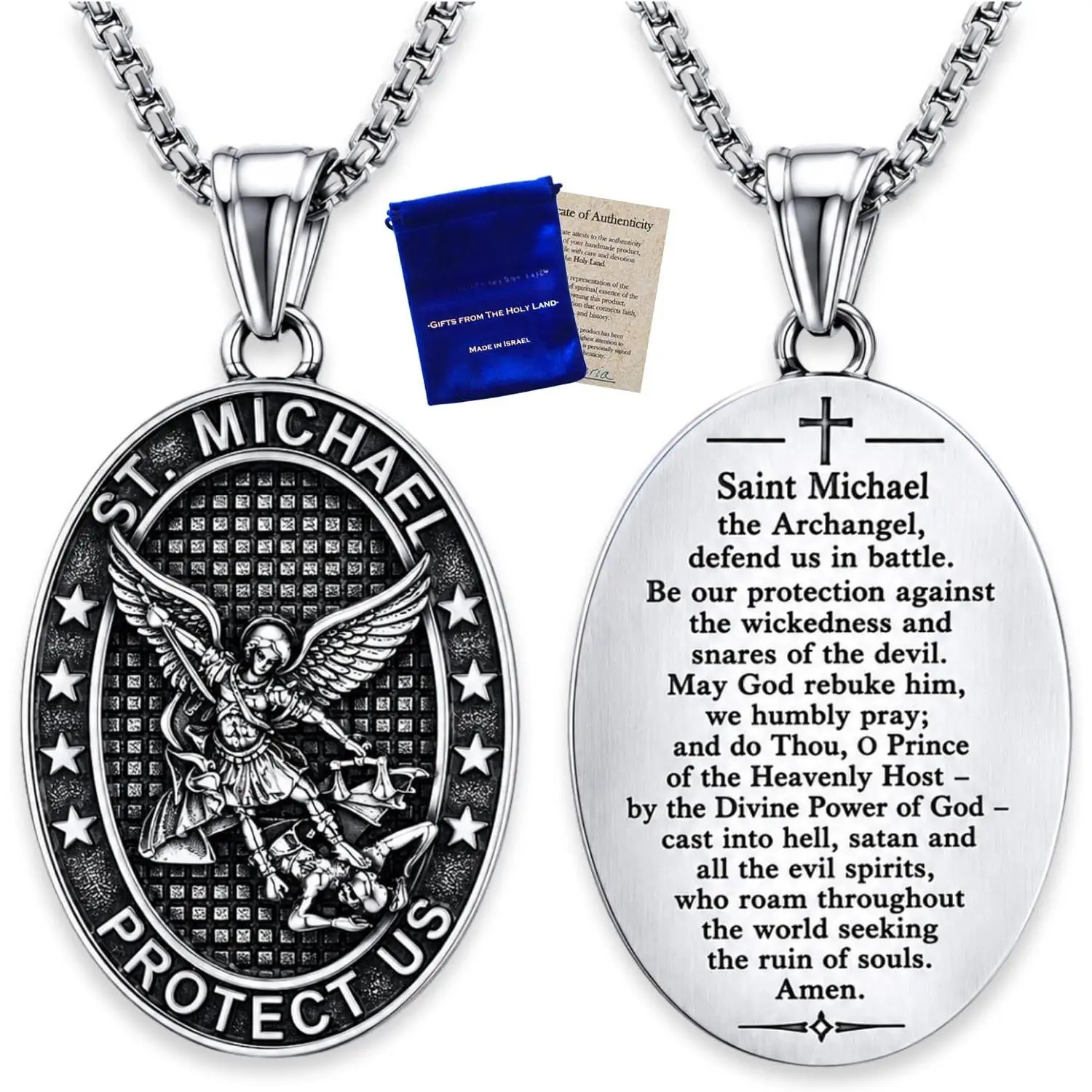 Saint Michael Protect  Stainless Steel Necklace for Men, Handcrafted and Blessed in The Holy Land, Archangel Pendant with Prayer,  Pouch and Certificate of Authenticity