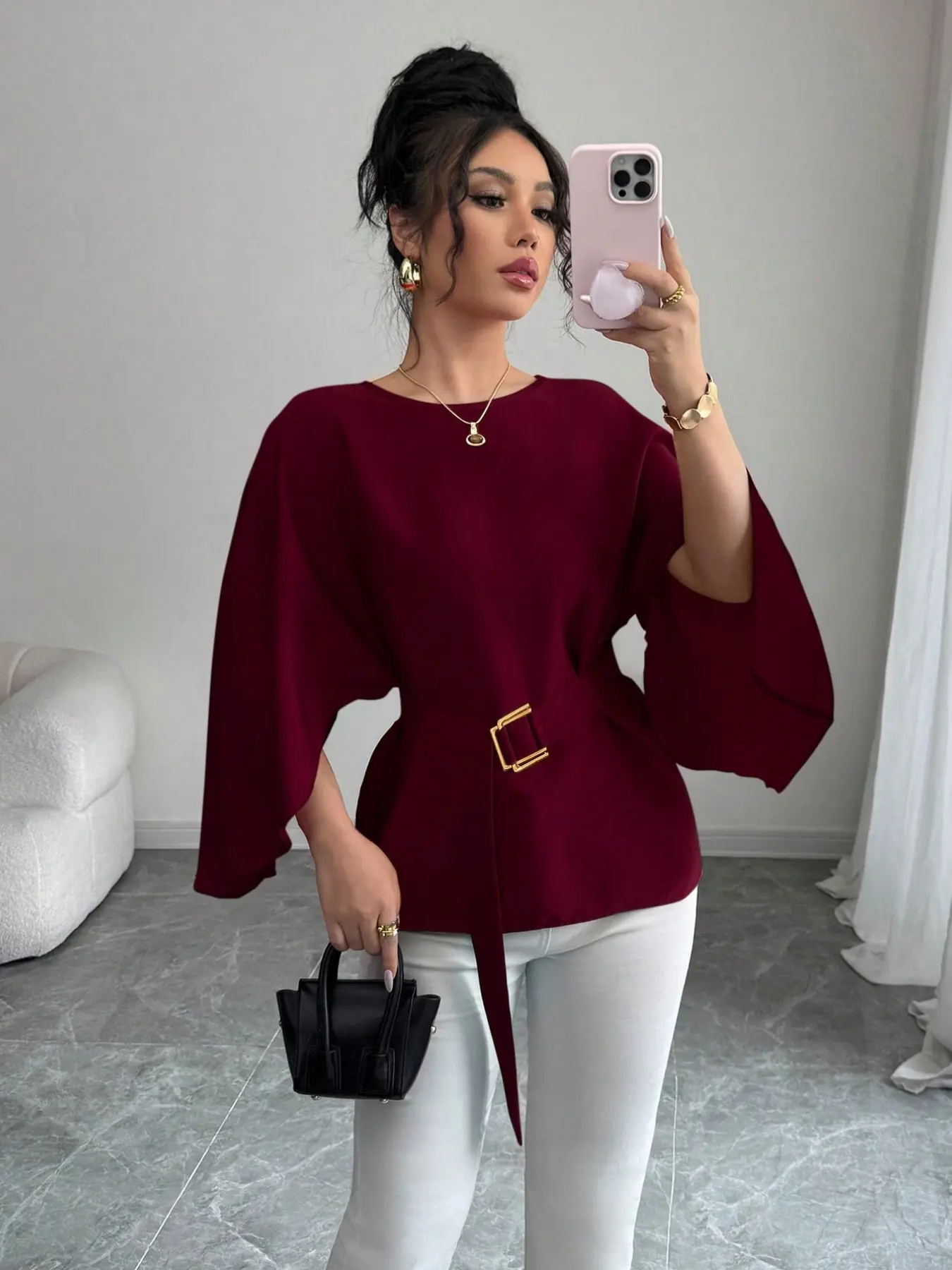 Round Neck Batwing Long Sleeve Loose Top, Elegant Aesthetic Casual Waist-Cropped Fit Blouse, Square Buckle Belt, Women's Fashion Shirt