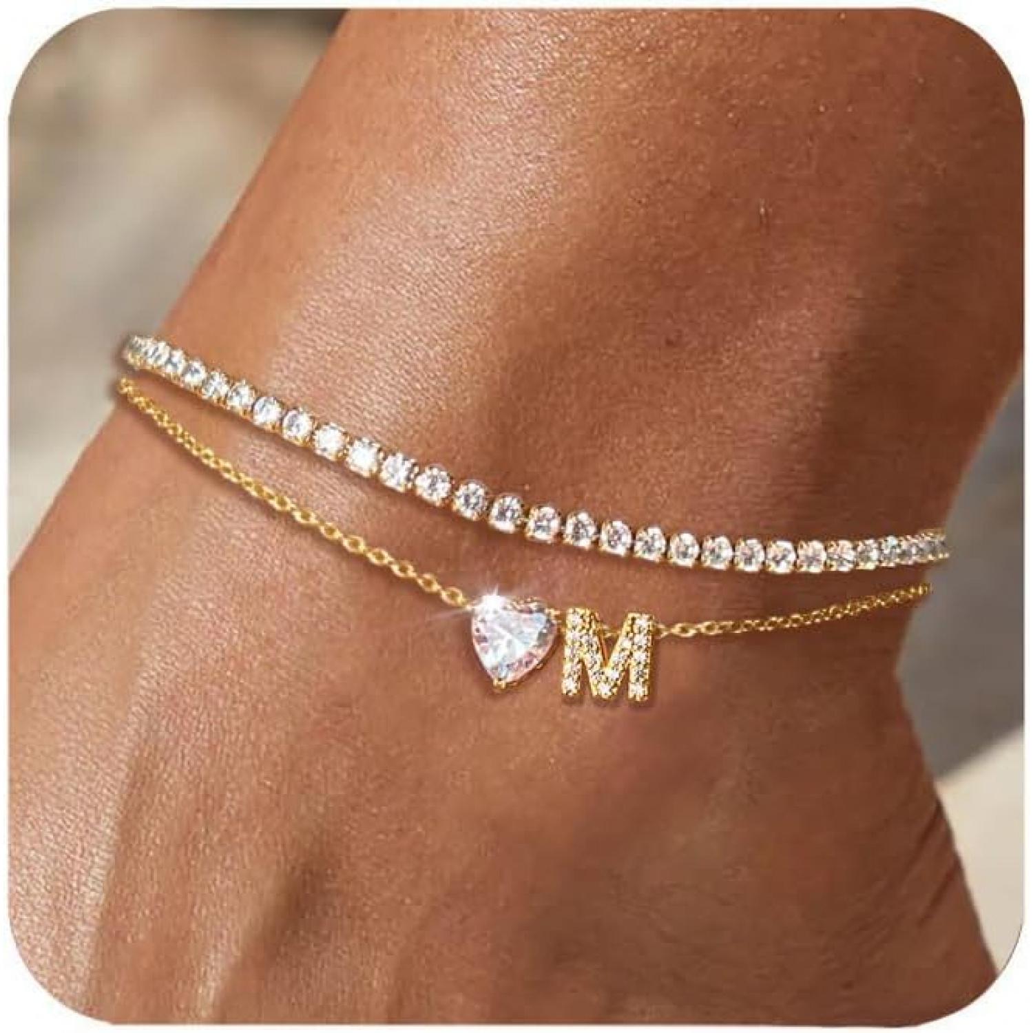 14K Gold Filled Initial Ankle Bracelets for Women - Waterproof Non-Tarnish Layered Anklets Adjustable Large Size Summer Beach Foot Jewelry