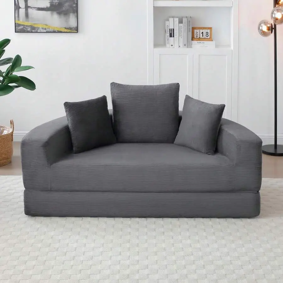 Rhomtree No-Assembly Compressed Corduroy Circular Convertible Sofa Bed - Round Multi-Functional Adjustable Futon, Boneless Upholstered Floor Lounge with Overheat Protection for Apartment Living Room