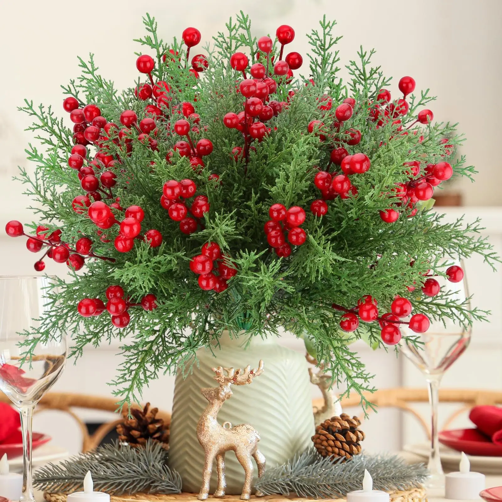 Realistic 7-Head Christmas Pine Needle Bunch, Artificial Berry Holly Fruit, Christmas Wreath Decoration, Festive Greenery Ornament